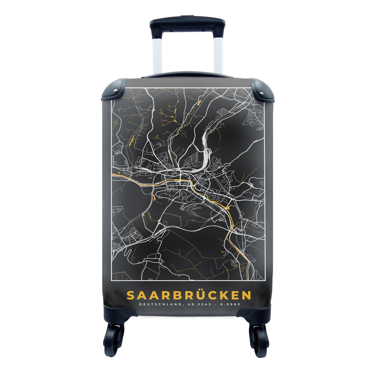 MuchoWow Handgepäckkoffer Saarbrücken - Stadtplan - Gold - Karte - Deutschland, 4 Rollen, Reisetasche mit rollen, Handgepäck für Ferien, Trolley, Reisekoffer