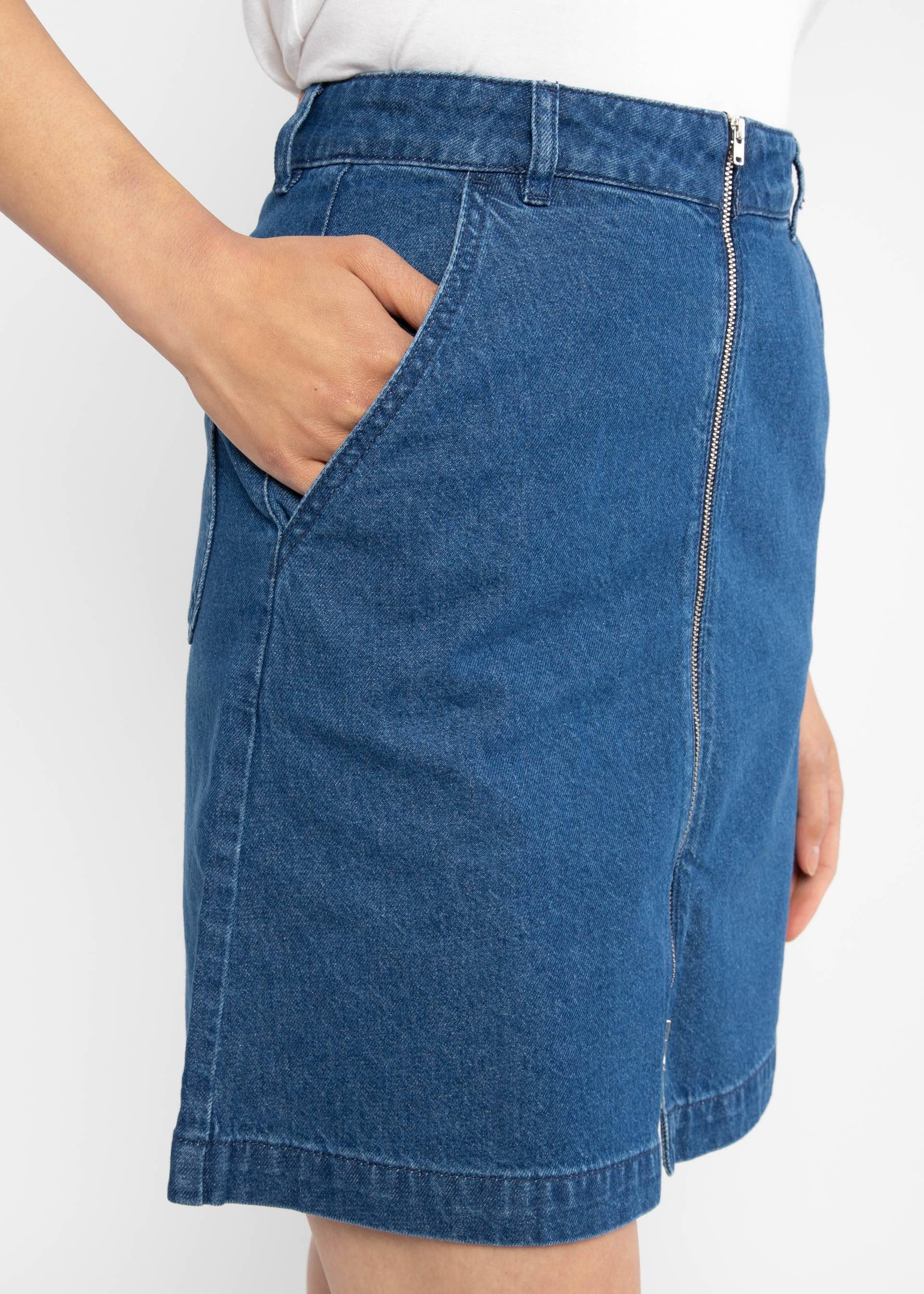 Blutsgeschwister Jeansrock - Jeansrock Damen - knielanger Denim Rock - Rock mit Reißverschluss -