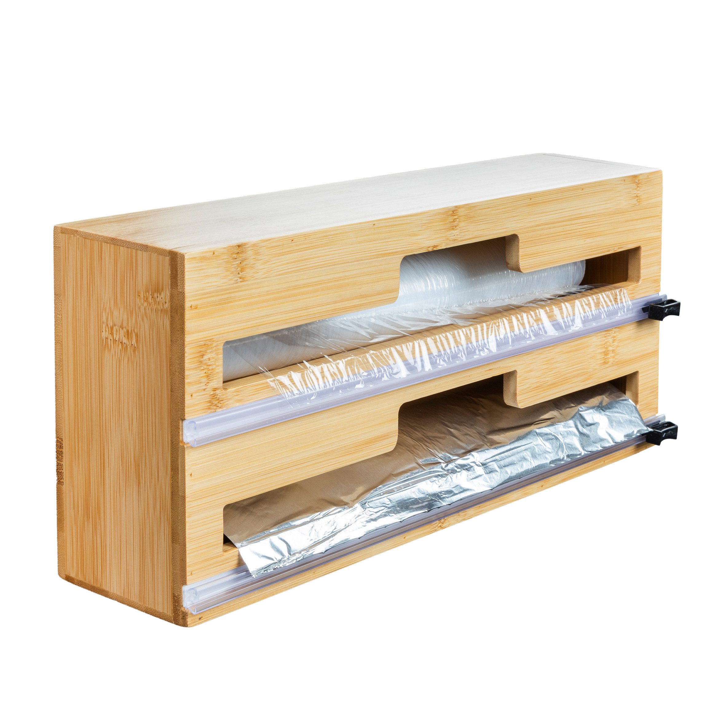 habeig Folienspender Folienrollenhalter aus Bambus, 38x20x10 cm, 2 Rollenhalter, aus Bambusholz