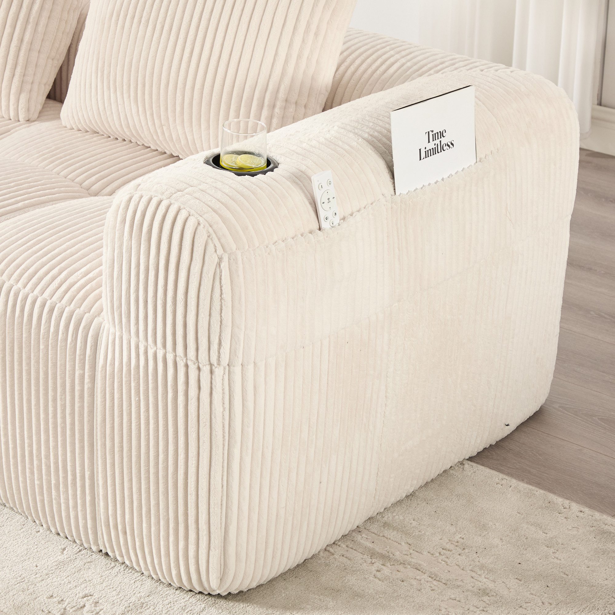 REDOM Sofa Loungesofa aus Cordstoff, mit Seitentasche und Getränkehalter, inklusive 3 Kissen, komfortables Sitzmöbel, modular