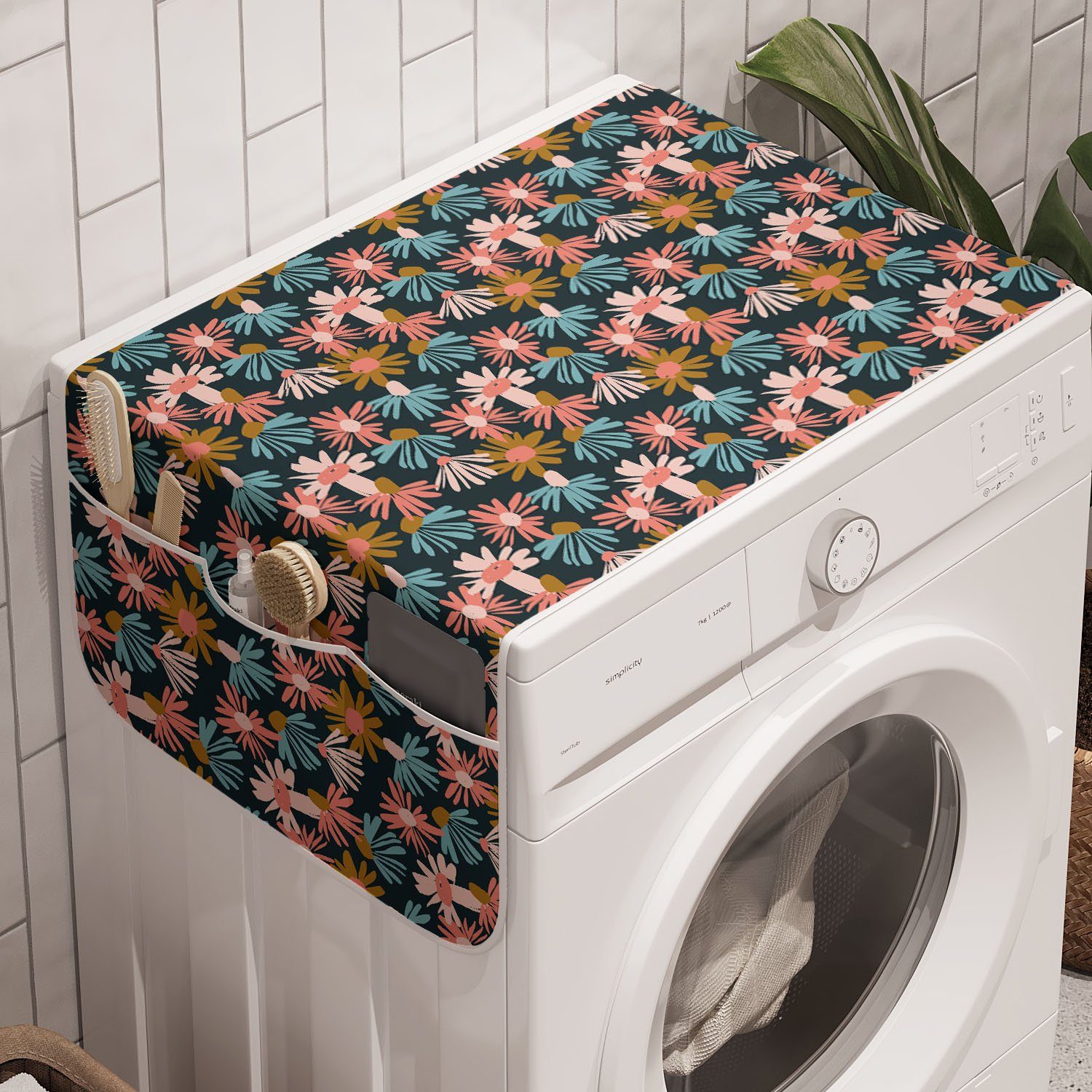 Abakuhaus Badorganizer Anti-Rutsch-Stoffabdeckung für Waschmaschine und Trockner, Blumen Doodle Stil Blumen