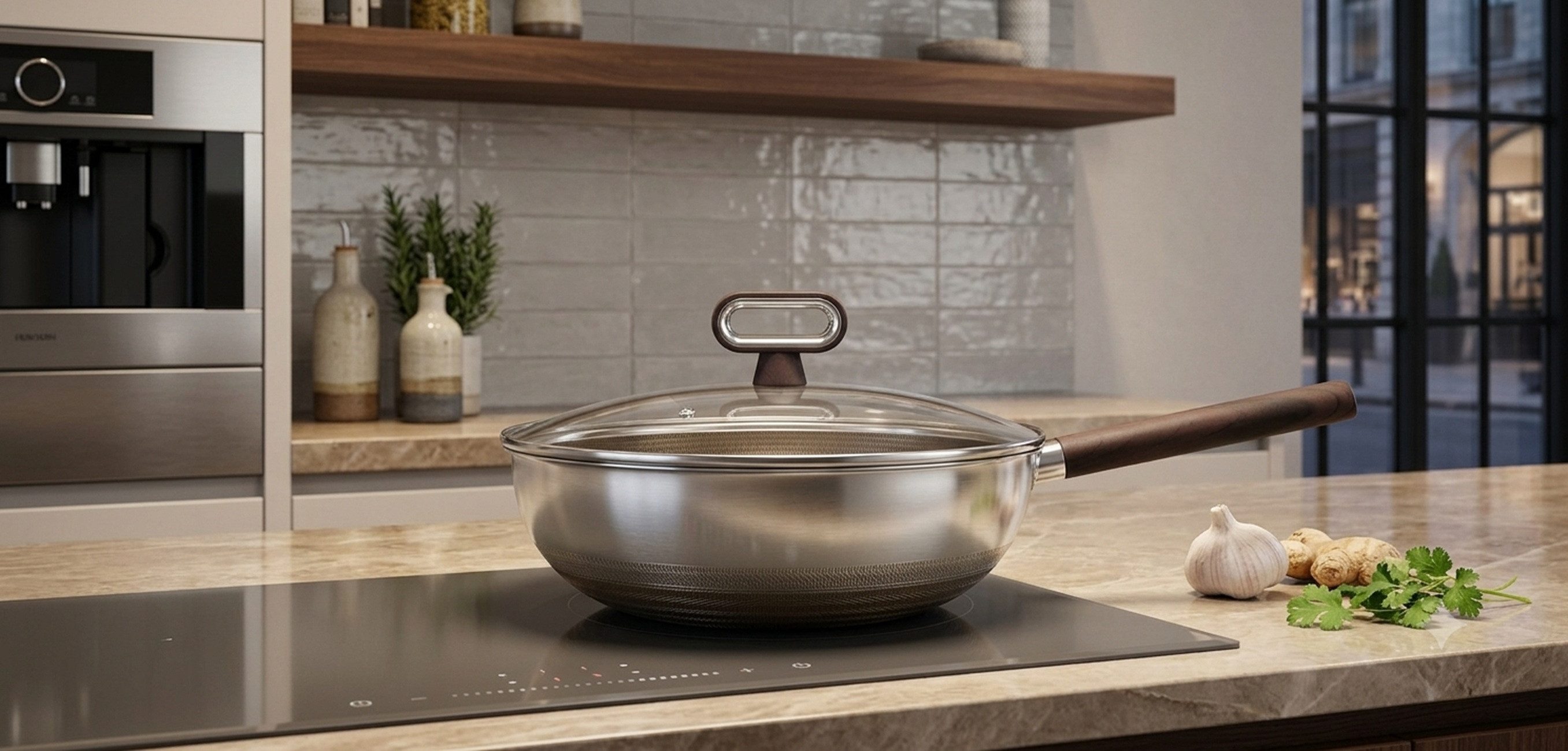 Cheffinger Wok, Edelstahl 18/10 (2-tlg), aus hochwertigem Edelstahl mit Glasdeckel, Induktionsgeeignet