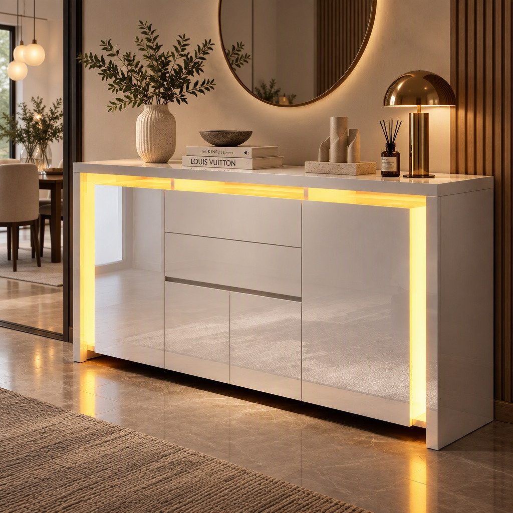 PXloue Kommode Hochglanz Sideboard (LED-Ambientebeleuchtung) Breite 160 cm, Beistellschrank mit 4 Fächern und 2 Schubladen( Push-to-open-Funktion)