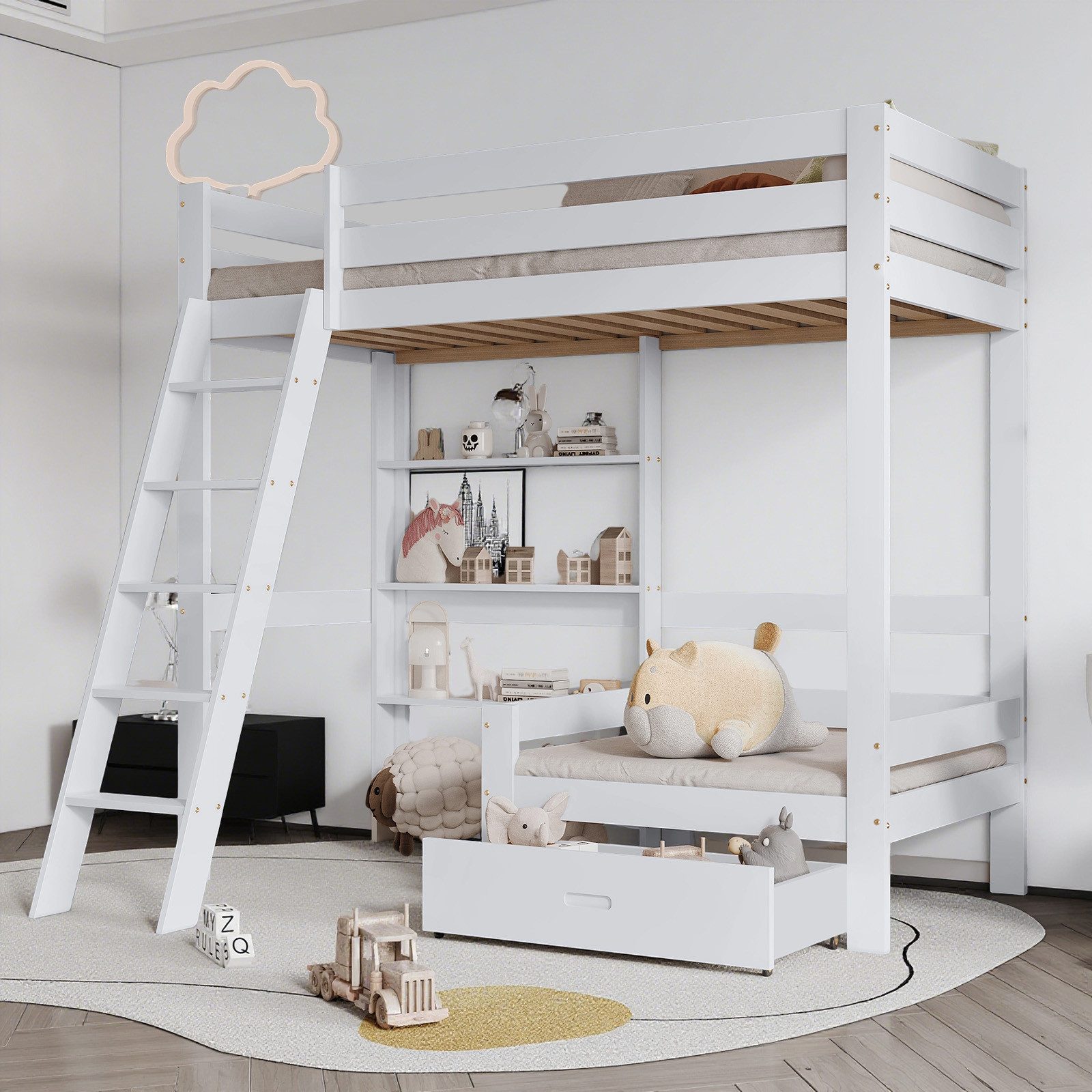 MODFU Etagenbett mit Sofa, Regalen und Schublade (Hochbett mit Praktische S günstig online kaufen