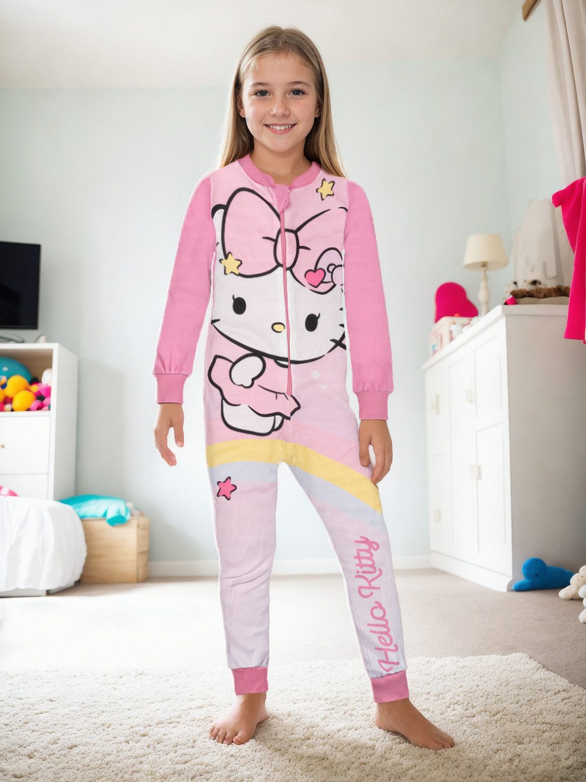 United Labels® Jumpsuit Hello Kitty Jumpsuit Overall Pyjama Schlafanzug langarm – Bild 3 von 5