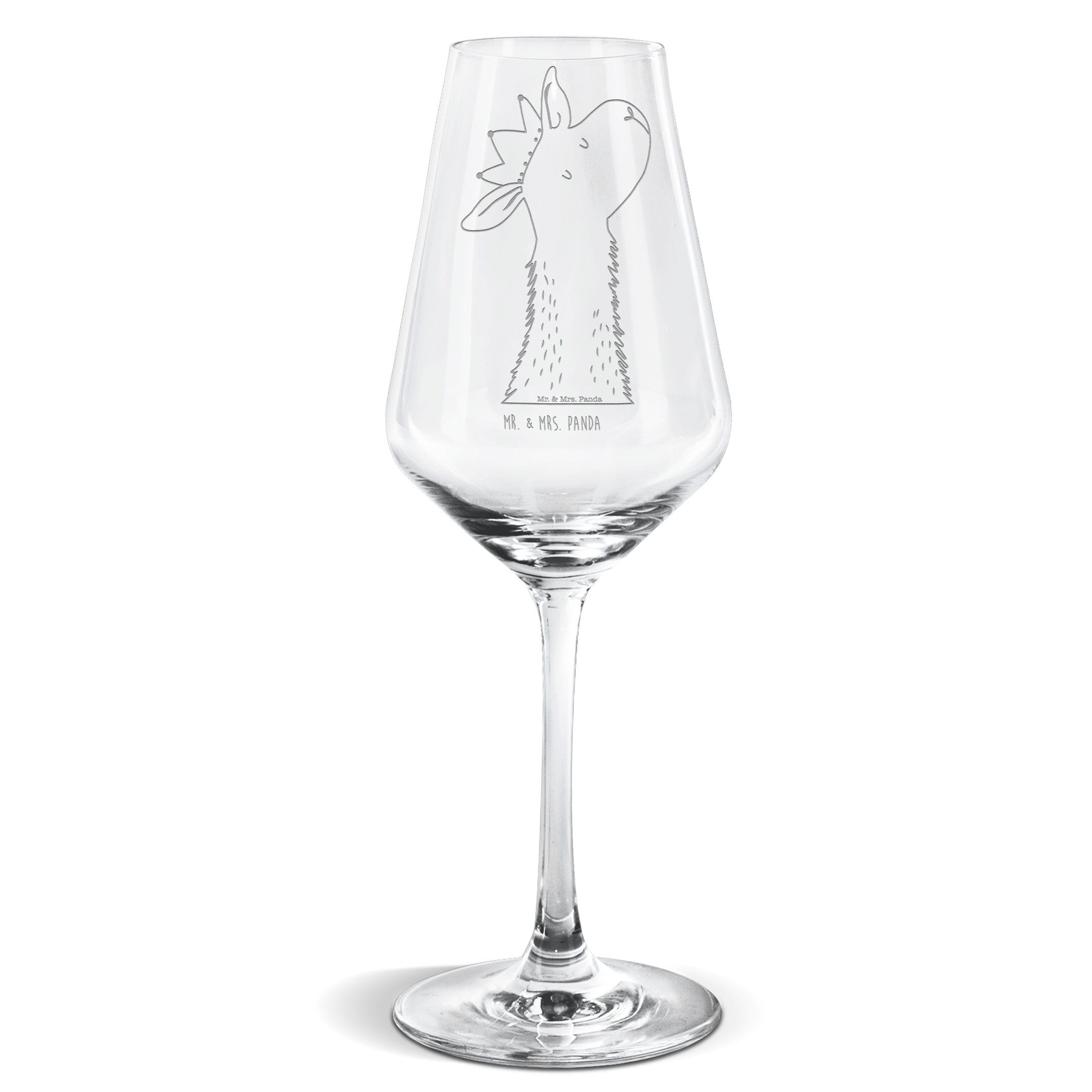 Mr. & Mrs. Panda Weißweinglas Lamakopf König - Transparent - Geschenk, Weißwein Glas, Weißweinglas, Premium Glas, Liebevoll gestaltet
