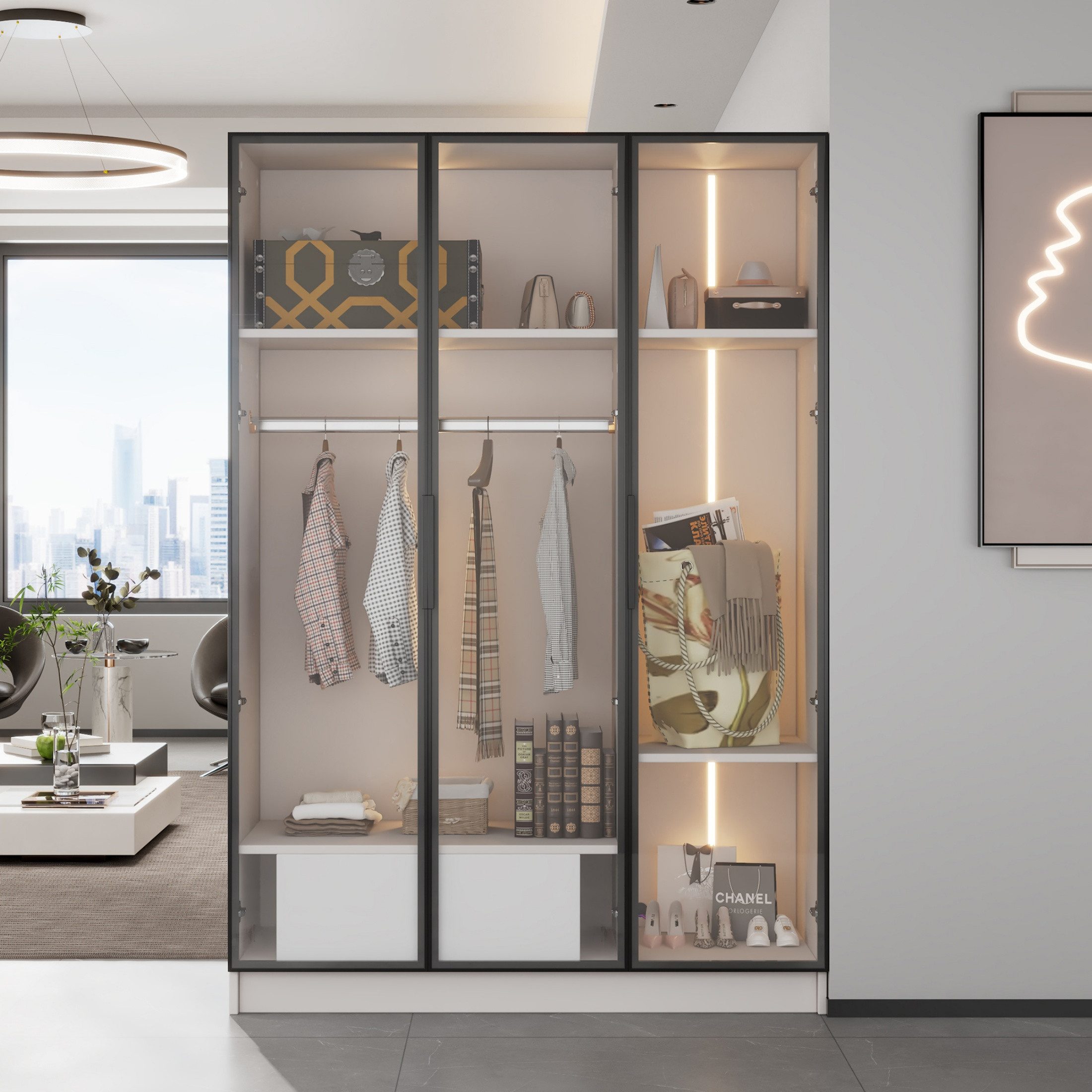 autolock Kleiderschrank Garderobe mit LED-Licht 3 Glastüren 1 Kleiderstange günstig online kaufen