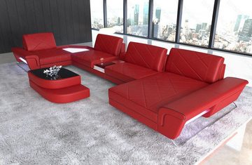 Sofa Dreams Wohnlandschaft Leder Couch Sofa Ferrara Ledersofa mit, Multifunktionskonsole, USB, LED