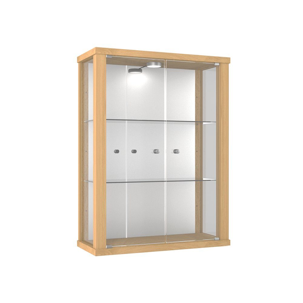 VR-Wohnideen Hängevitrine C1013 Spiegel, 2 hängend LED, Buche (80x60x20 Sammlervitrine, für Glaseinlegeböden, Höhenverstellbaren (Glasvitrine Sammler, perfekt mit Vitrinenschrank, 2 Glasvitrine Glastüren) cm) mit