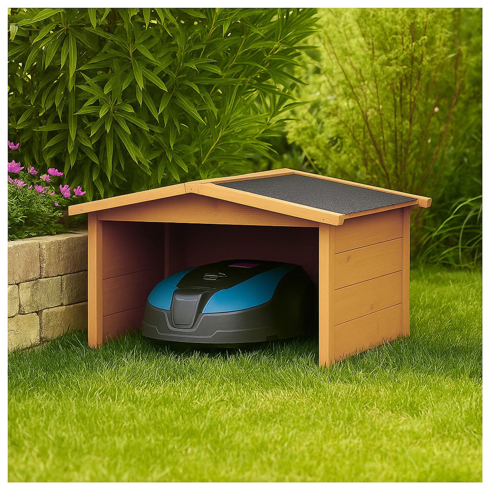 HTI-Living Mähroboter-Garage Garage für Mähroboter Robustes Holzhaus mit Wetterschutz Natur, BxTxH: 87x80x50 cm, für Mähroboter, (Stück, 1-St., 1 Rasenmähergarage)