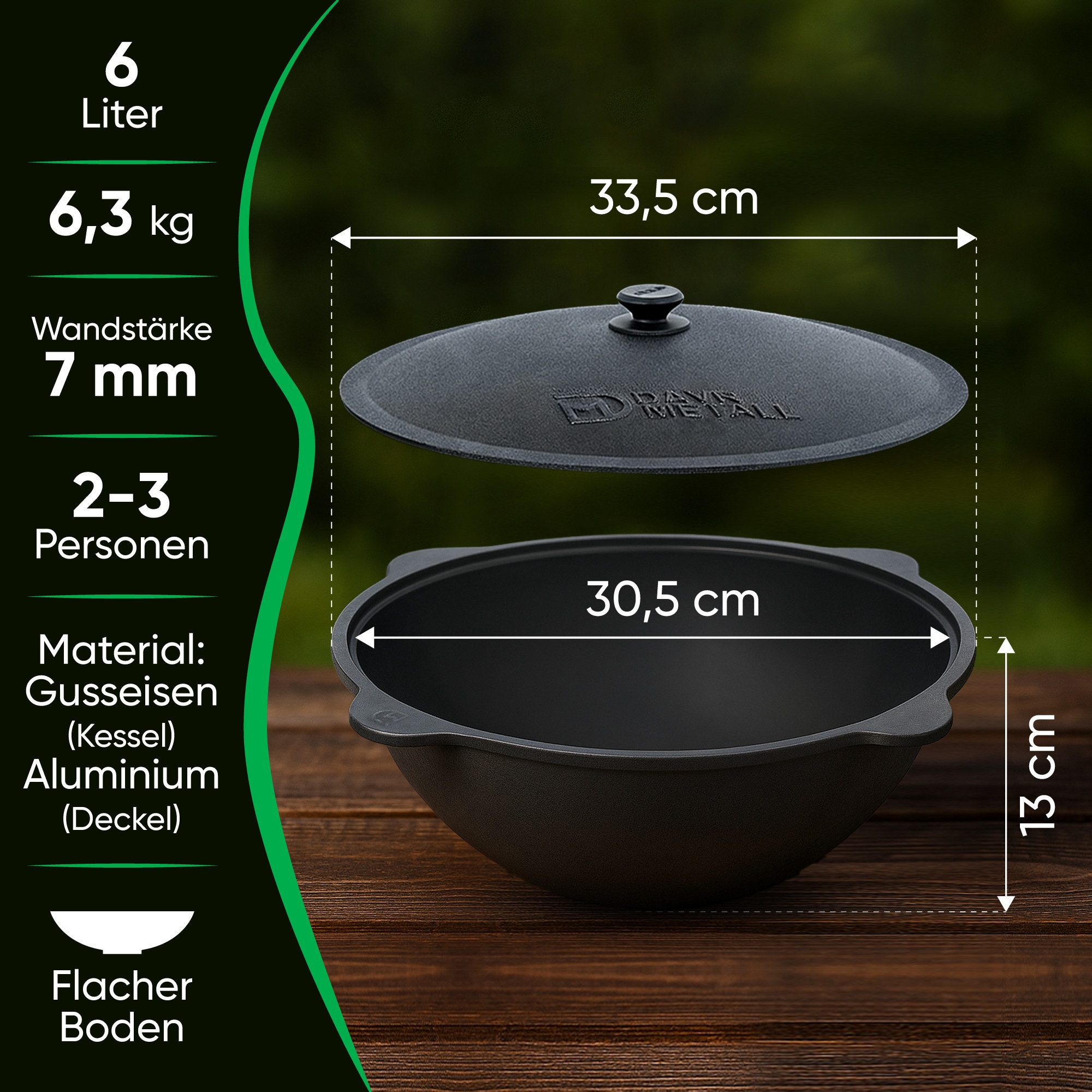 DAVR Metall Schmortopf Kasan Gusseisen 6 L Ø 33,5 cm flacher Boden Gasherd Elektroherd Deckel, Gusseisen, Dickwandig – Bild 3 von 3