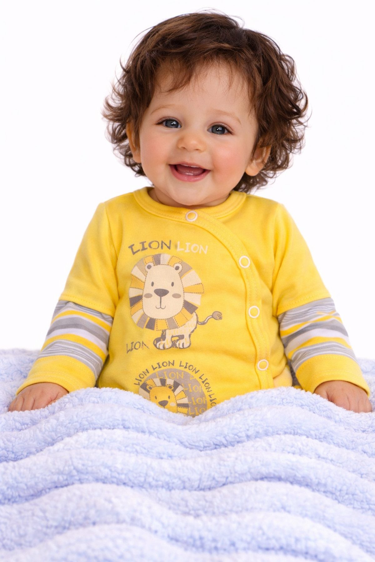 La Bortini Wickelbody Baby Body langarm in Gelb mit Löwe Aufdruck aus reiner Baumwolle, 44 50