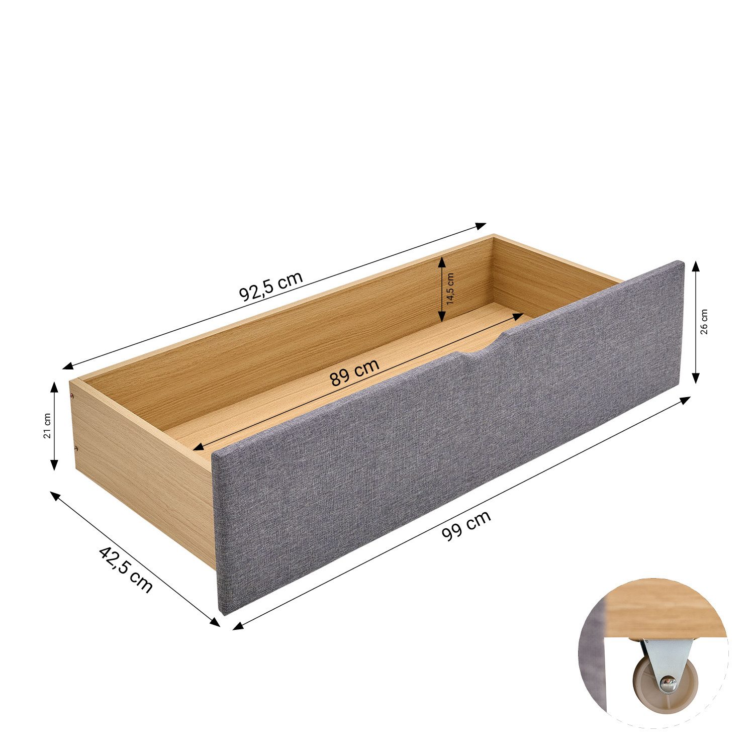 Homestyle4u Bettschubkasten Unterbettkommode 2er Set mit Rollen Bettschublade BHT 99x21x42,5 Grau (2er Set, 2x Bettkasten), B/H/T 99 x 26 x 43 cm, Stauraum – Bild 3 von 5