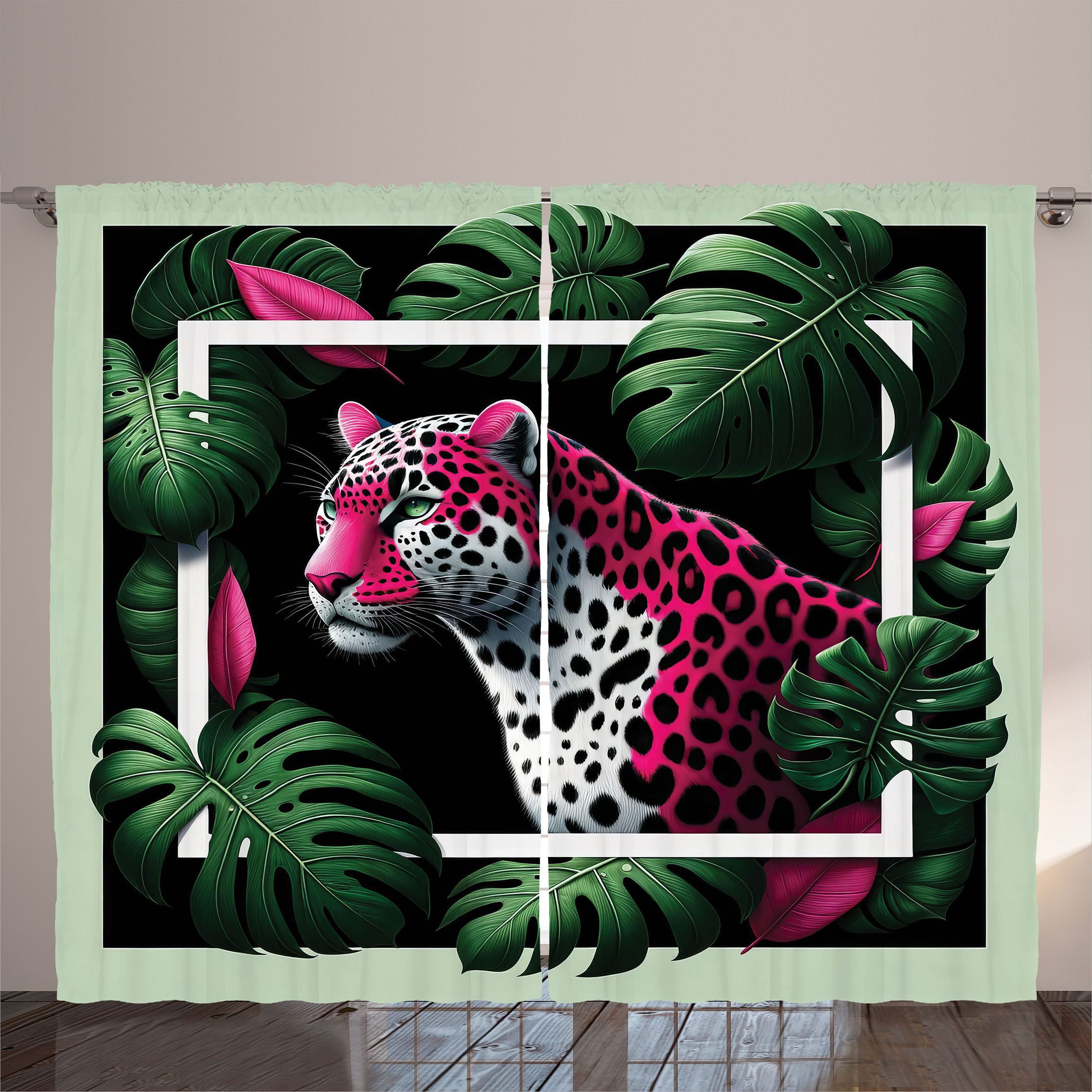 Gardine Schlafzimmer Kräuselband Vorhang mit Schlaufen und Haken, Abakuhaus, Leopard Tropischer Dschungelrahmen