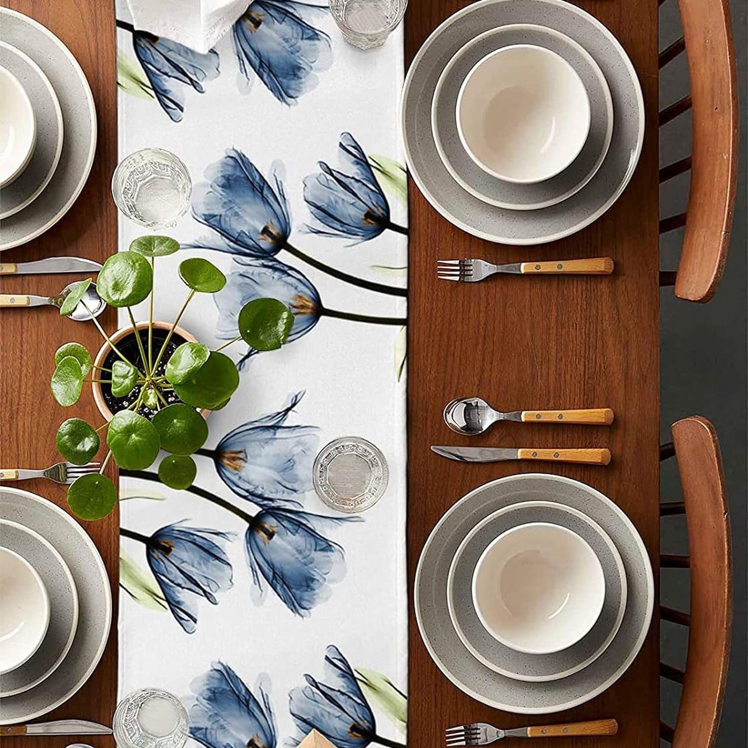 FELIXLEO Tischläufer Tischläufer Blumen Tulpen 33x183cm rutschfest Wohnzimmer Blau Modern