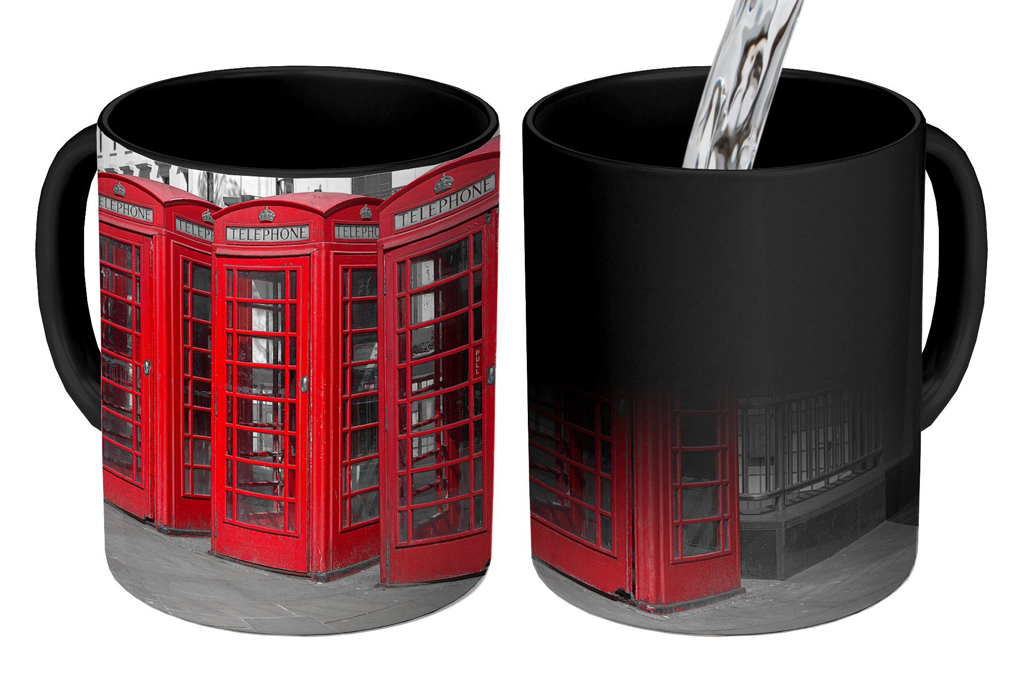 MuchoWow Tasse Schwarz-Weiß-Foto von vier roten Telefonkabinen, Keramik, Farbwechsel, Kaffeetassen, Teetasse, Zaubertasse, Geschenk