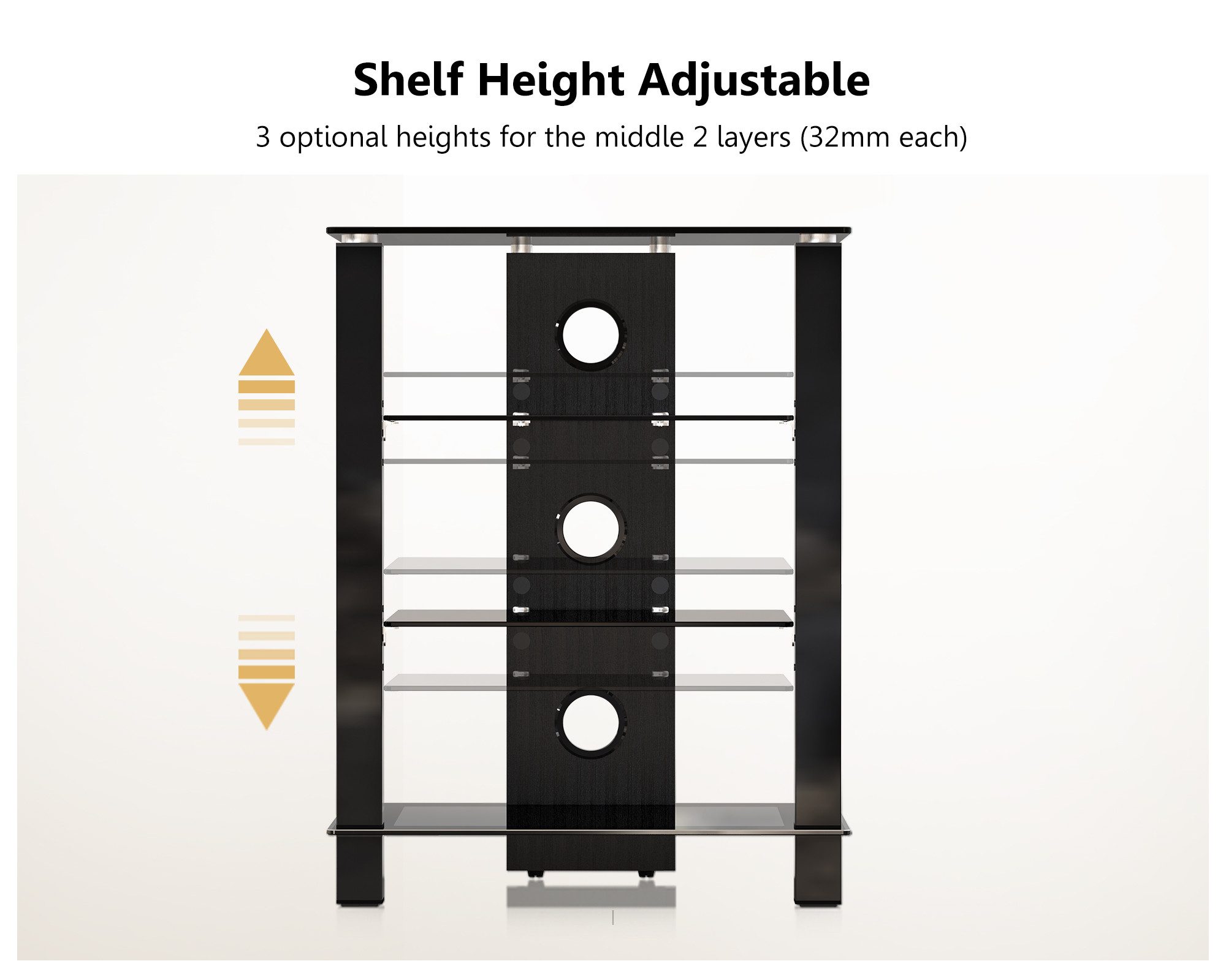 FITUEYES TV-Ständer HIFI-Rack aus Glas mit höhenverstellbaren Ablagen, (mit rutschfesten Füßen, Kabelmanagement) – Bild 3 von 5