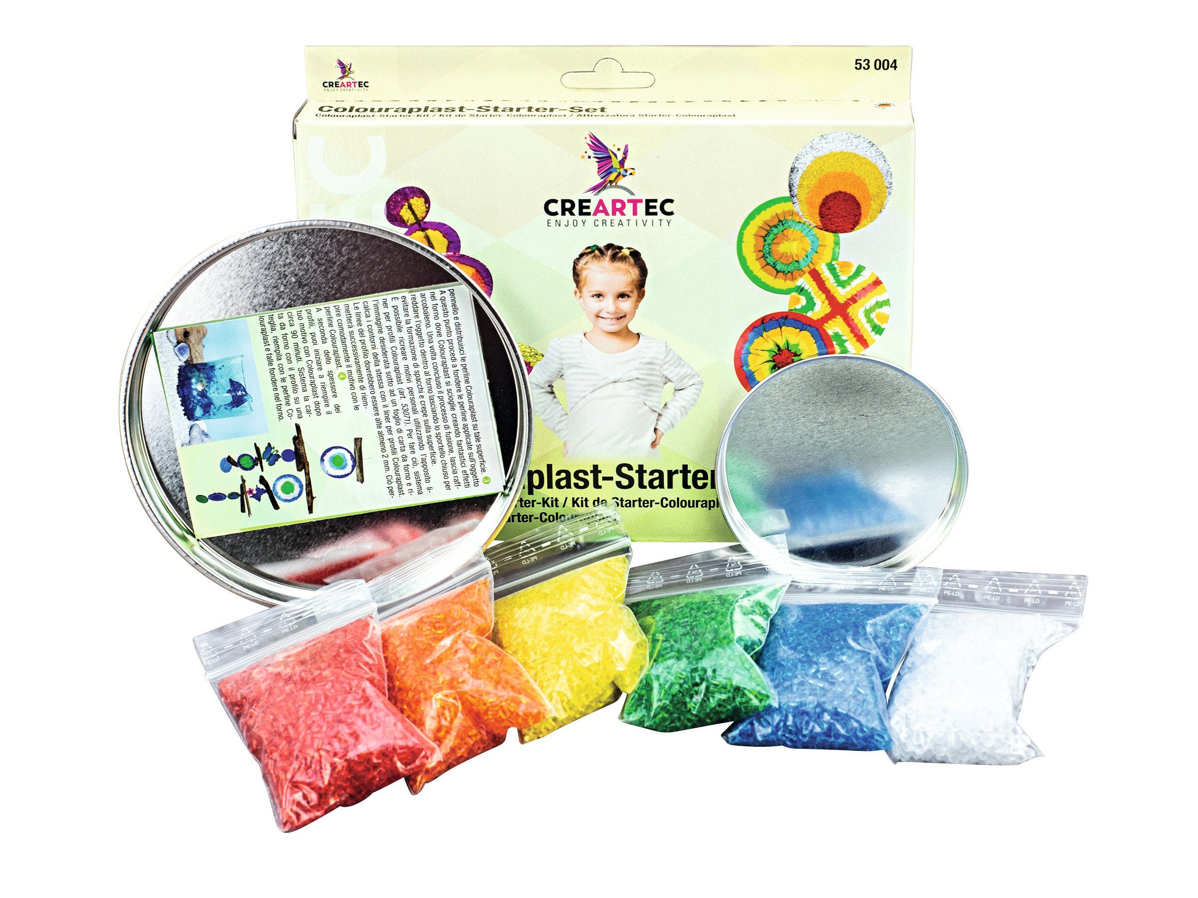 CREARTEC Kreativset 53004, Colourplast Schmelzgranulat Starter-Set, 6x30g Colouraplast, mit Metallschmelzform - Made in Germany
