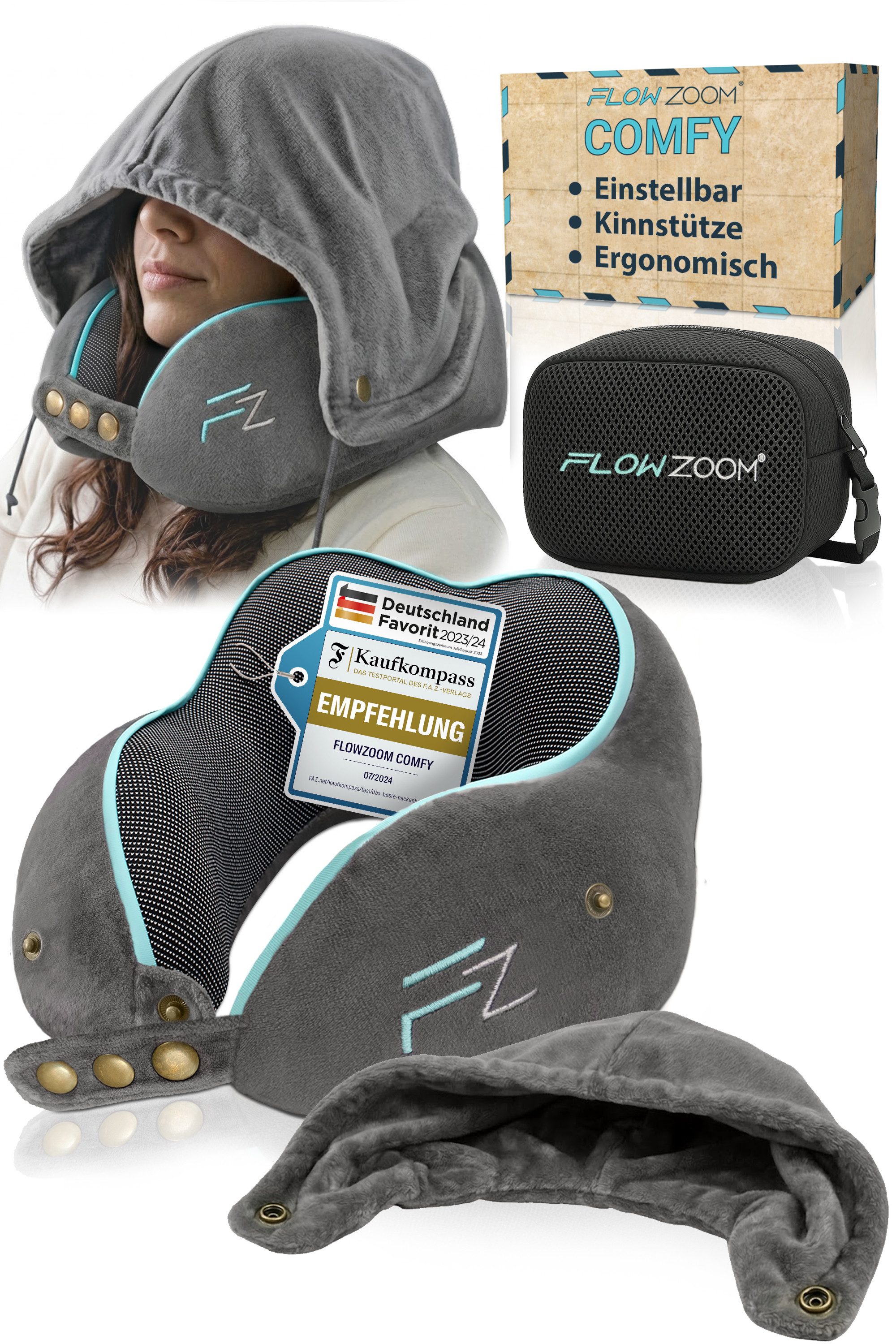 FLOWZOOM Nackenhörnchen COMFY Nackenkissen Flugzeug & Auto – Reisekissen Memory-Schaum, Nackenhörnchen für Erwachsene - Nackenkissen Reisen - verstellbar