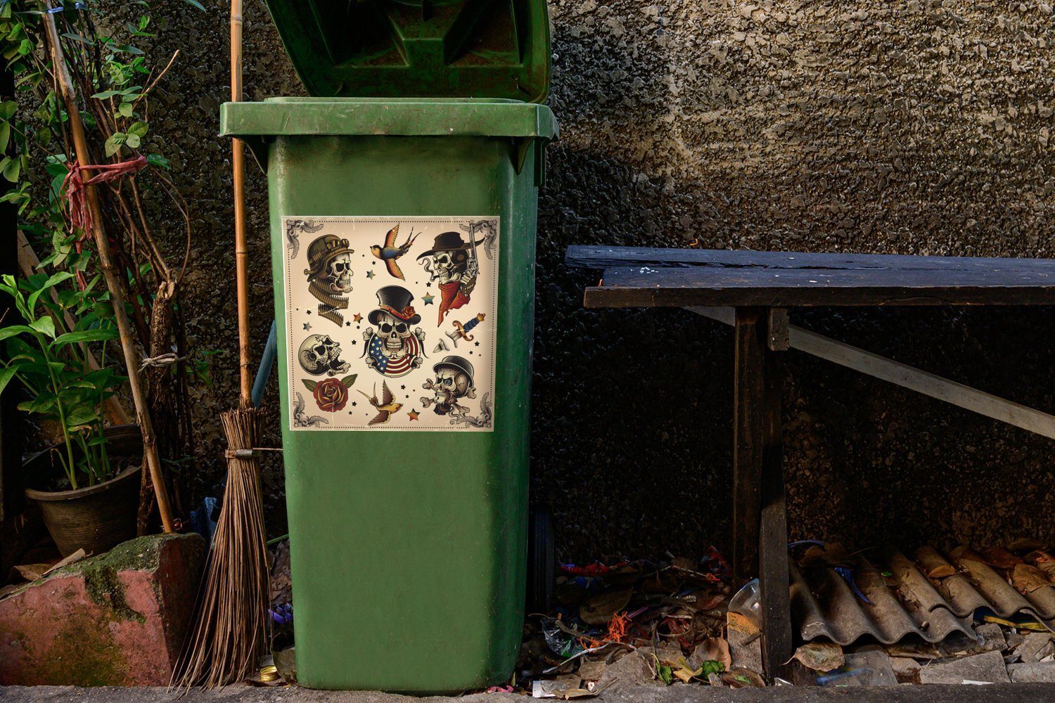 MuchoWow Wandsticker Mülleimer-aufkleber, Mülltonne, Abfalbehälter Eine Illustration St), Sticker, der (1 Totenkopf-Tätowierungen Container, klassischen