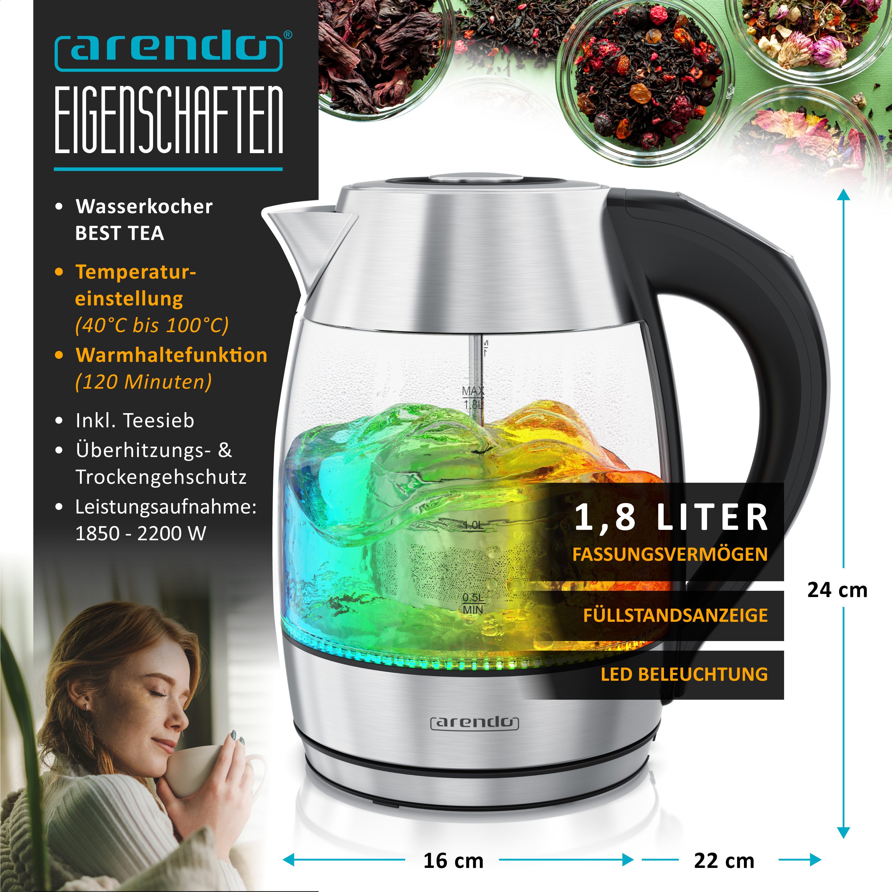 Arendo Wasserkocher Teekocher aus Glas & Edelstahl mit Temperatureinstellung & Teesieb, 1,8 l, 2200 W, Temperaturwahl 40 °C – 100 °C, Warmhaltefunktion, Überhitzungsschutz