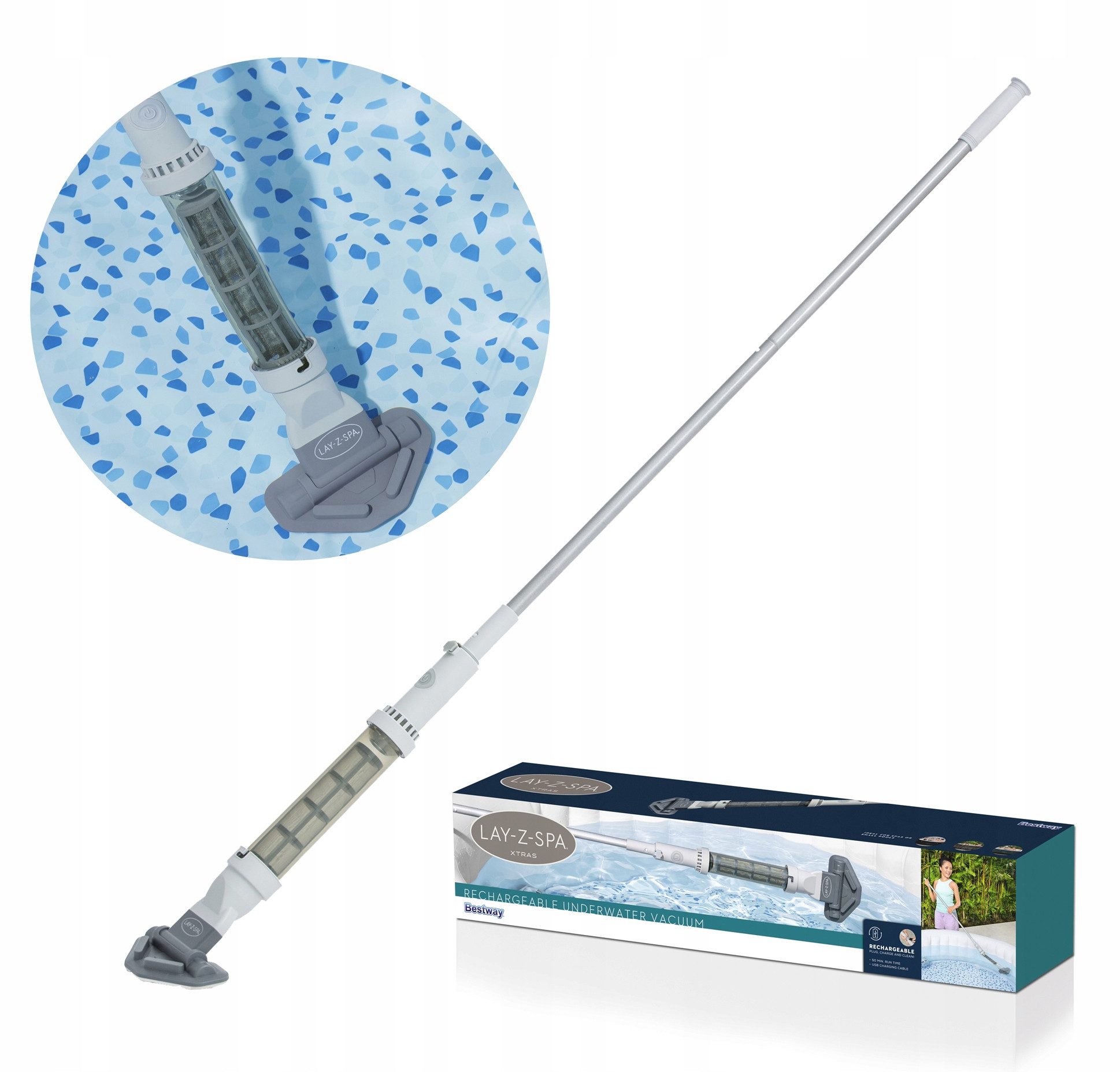 Bestway Poolbodensauger Poolstaubsauger, Akku-Poolsauger, batteriebetriebener Poolsauger, (BESTWAY60327), Lay-Z-Spa, USB-Kabel, Teleskopstange 1,55m