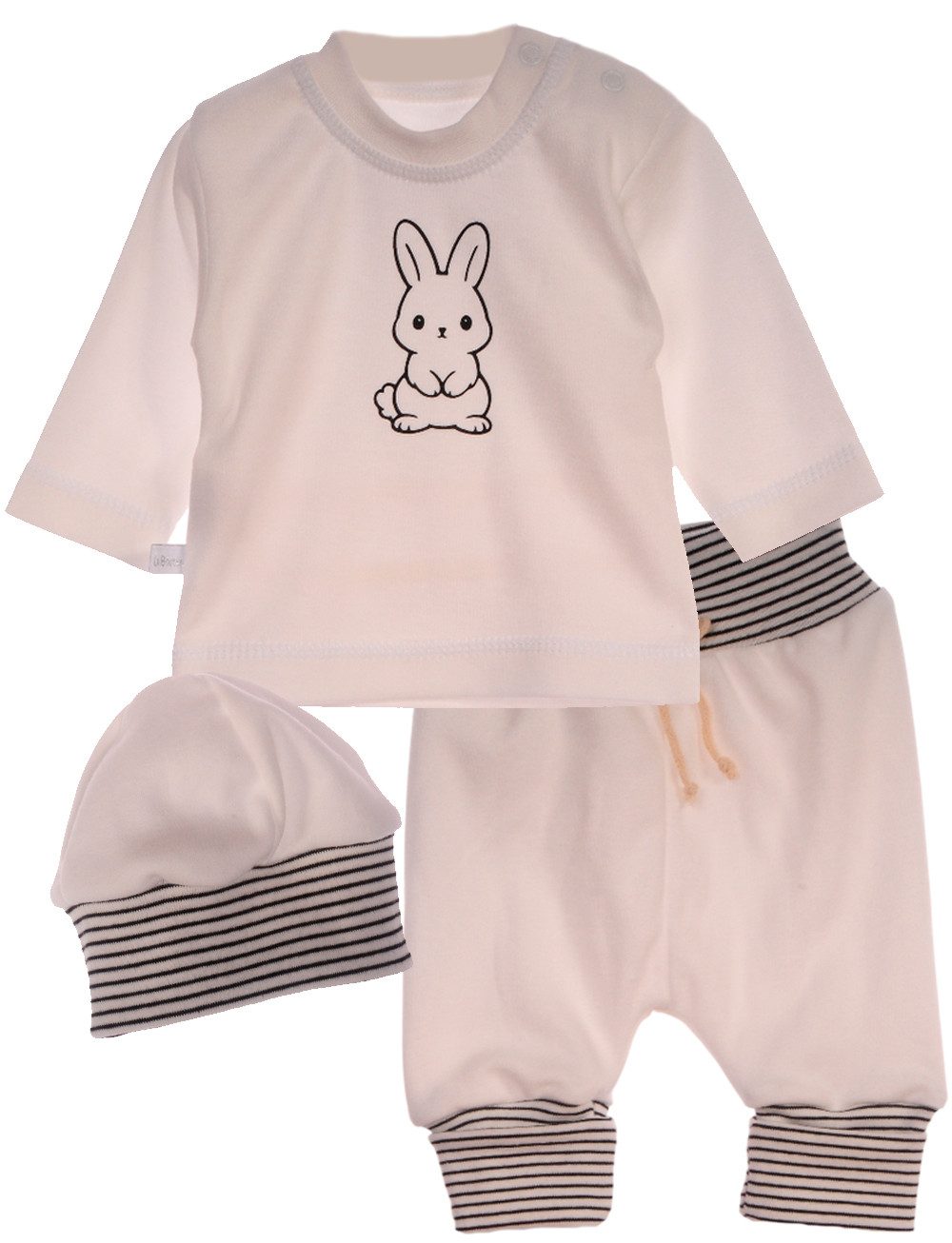 Erstausstattungspaket Baby Anzug Hose Shirt Mütze mit Hasen neutral für Neugeborene