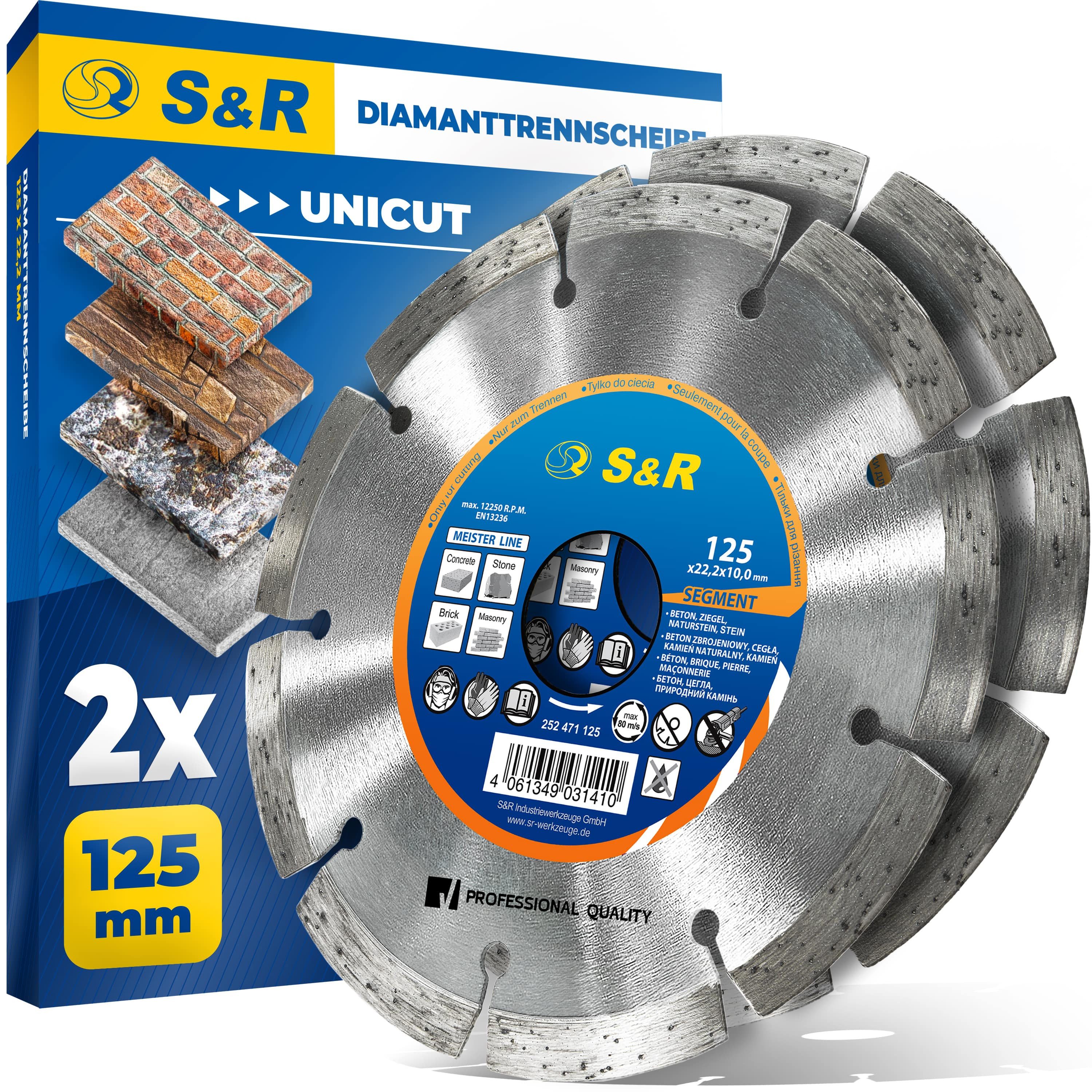 S&R Diamanttrennscheibe 125 x 22,2 mm, Profi Qualität, Hochleistungs-Segmente, UNIVERSAL, Ø 125 mm, zum Trennen von Beton, Naturstein, Stein, Ziegel, Mauerwerk