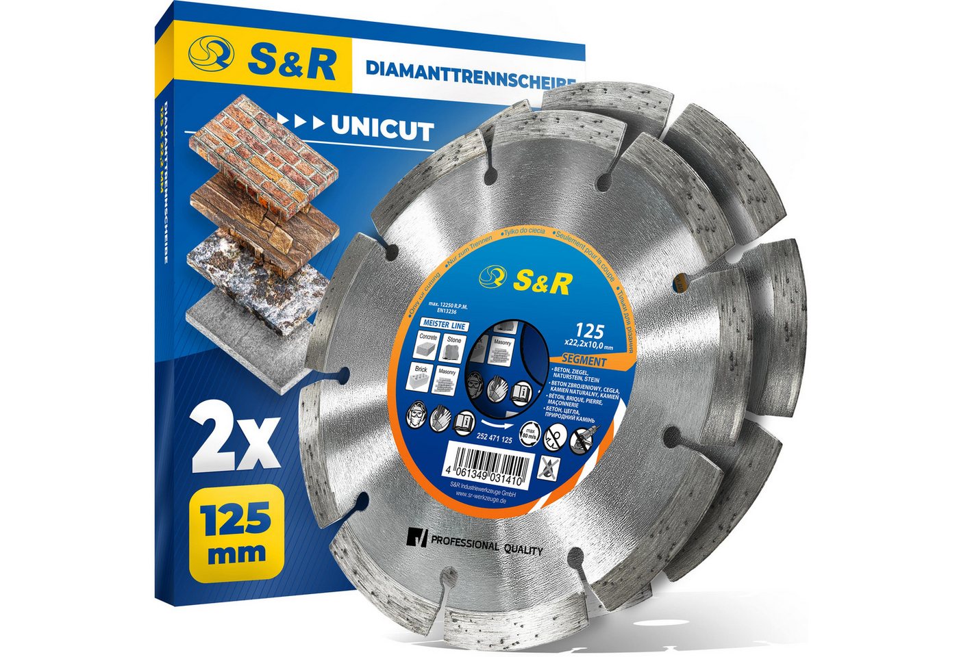 S&R Diamanttrennscheibe 125 x 22,2 mm, Profi Qualität, Hochleistungs-Segmente, UNIVERSAL, Ø 125 mm, zum Trennen von Beton, Naturstein, Stein, Ziegel, Mauerwerk