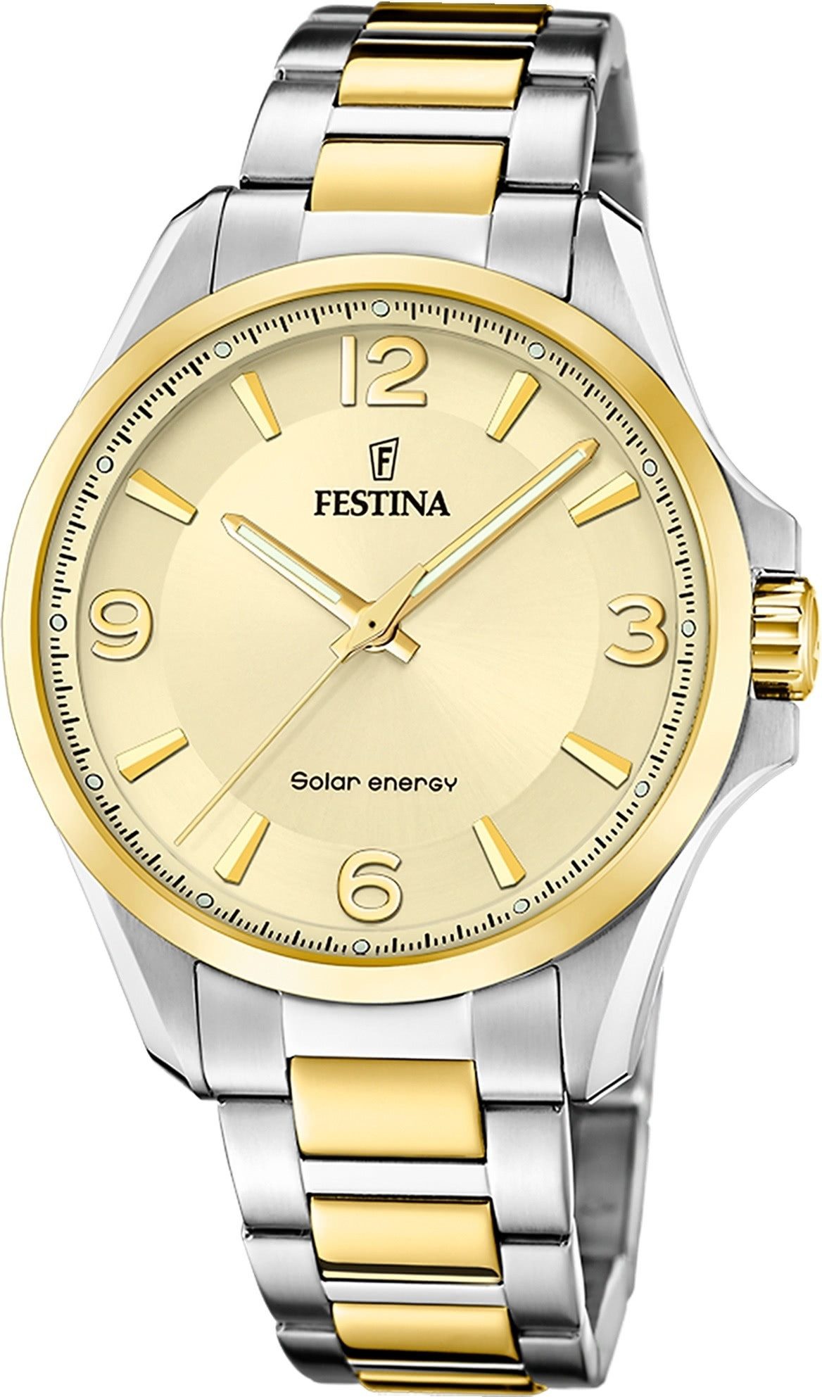 Festina Solaruhr Festina Herrenuhr Edelstahl silber gold, (Solaruhr), Herren Solaruhr rund, Edelstahlarmband silber, gold, Luxus