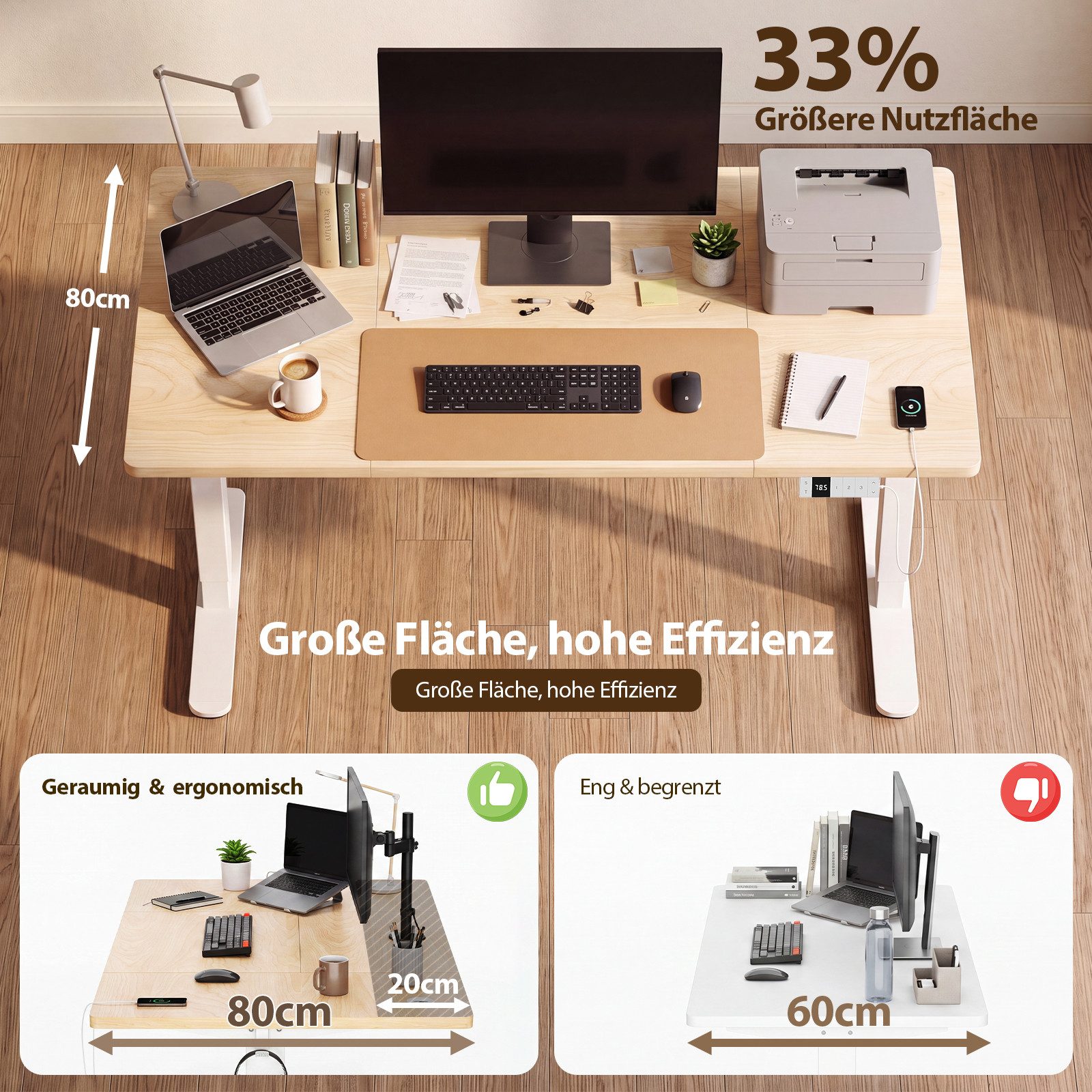 HOMALL Schreibtisch Höhenverstellbarer Schreibtisch mit 3 Höhen-Speicherfunktionen (Mehrere GrdBen 120/140/160/180/200 cm mit 1 USB-Ladanschlus Tischplate mit einerTiefe von 80 cm Der Tisch besteht aus ver Tischplaten)