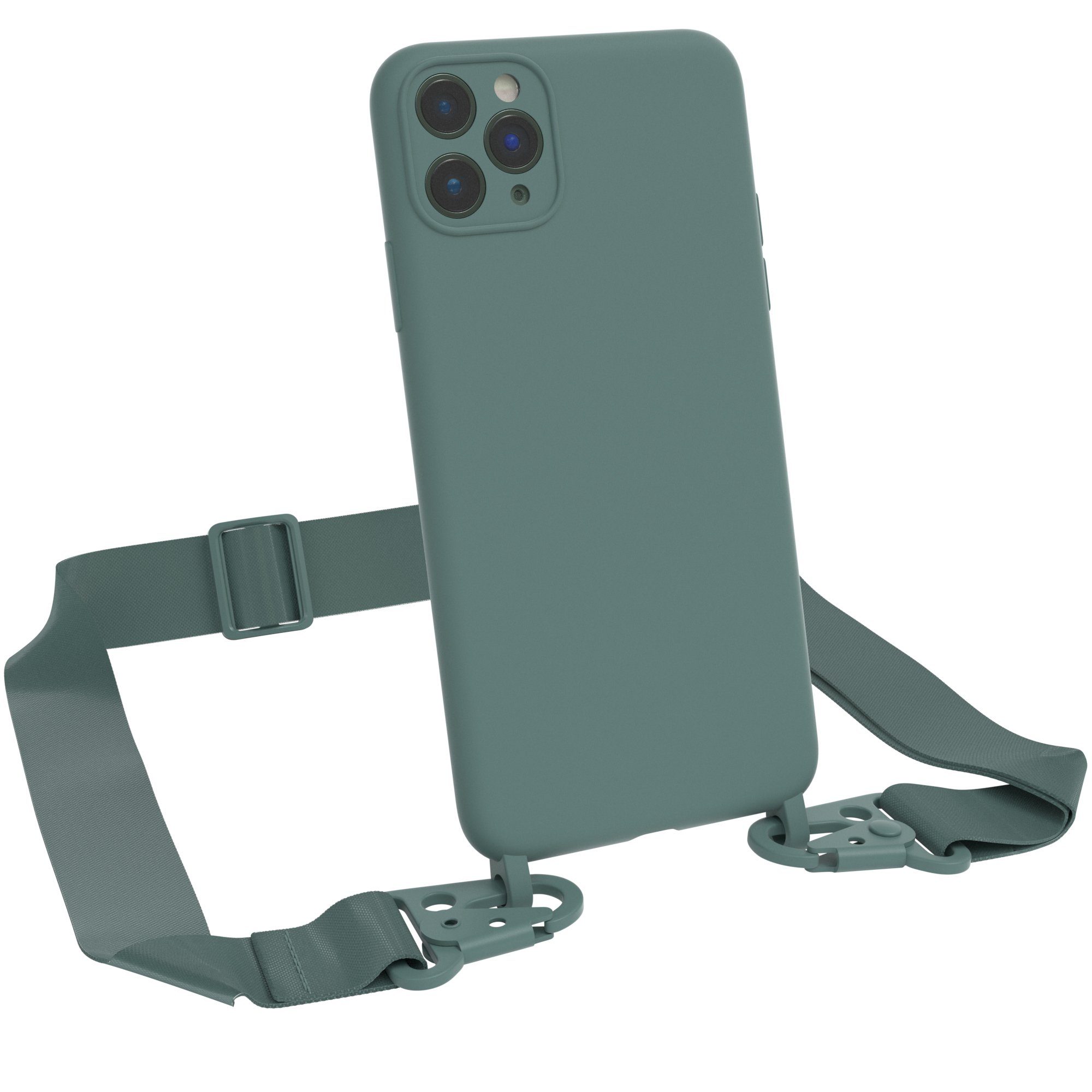 EAZY CASE Handykette Breitband Kette für Apple iPhone 11 Pro Max 6,5 Zoll, Handykette Cross Bag Kettenhülle mit Ringen in Nacht Grün