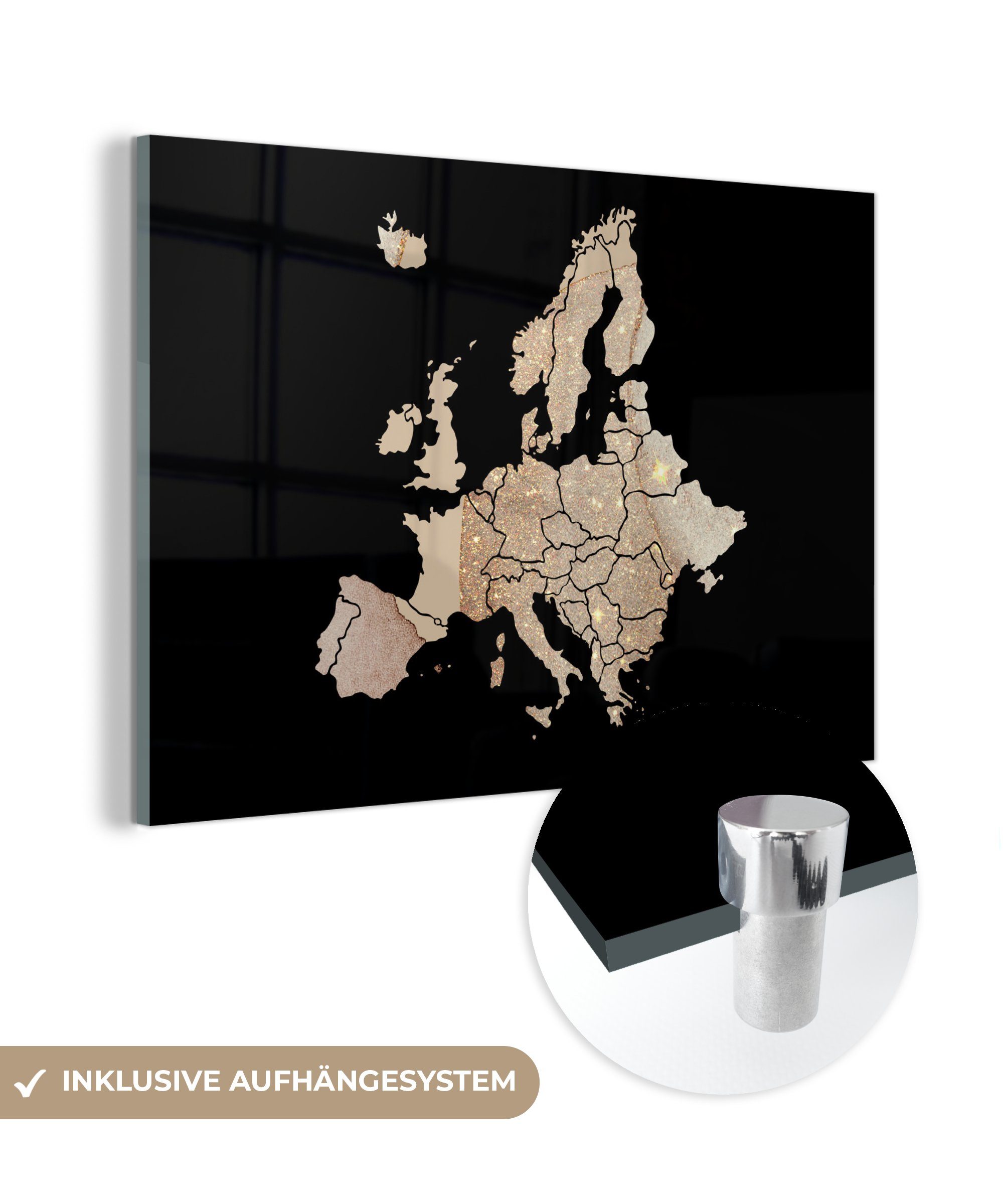 MuchoWow Acrylglasbild Karte - Europa - Glitzer, (1 St), Acrylglasbilder Wohnzimmer & Schlafzimmer