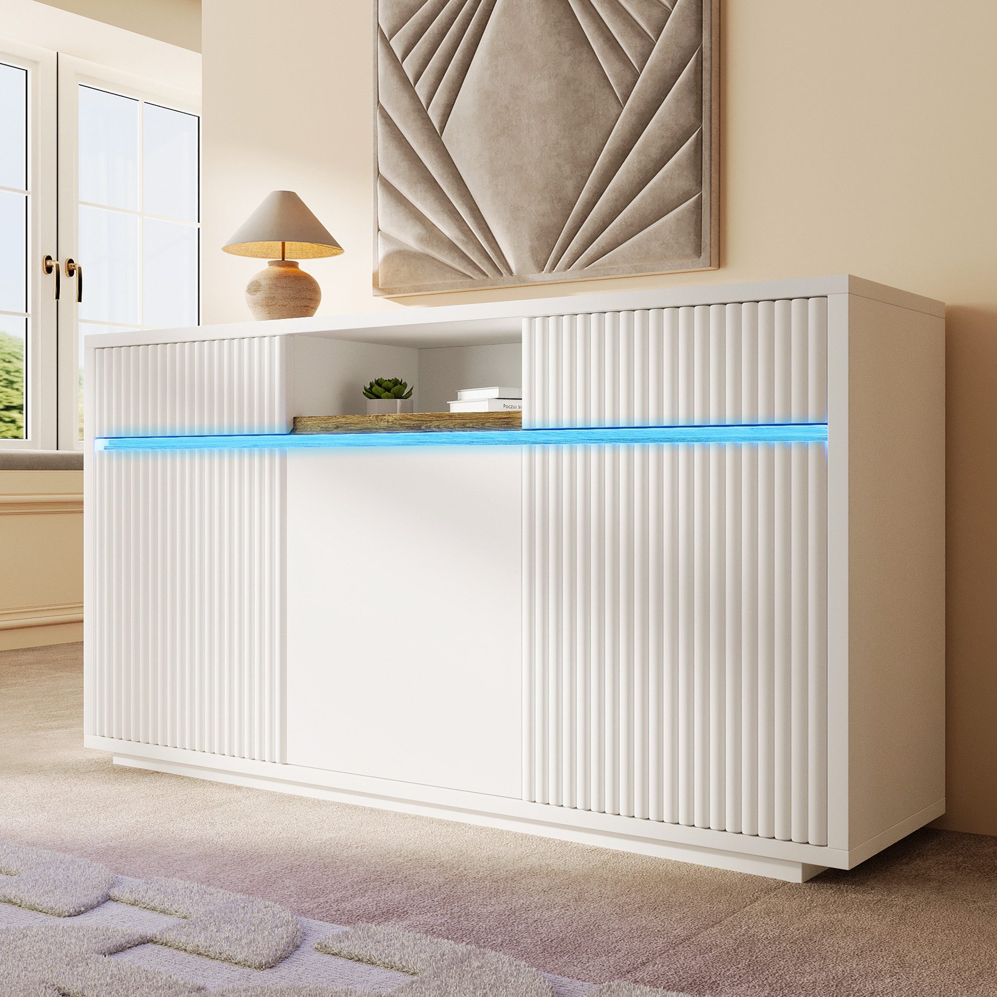 Flieks Kommode mit LED-Beleuchtung, 2 Schubladen und verstellbaren Einlegeböden (140x40x85 cm, 1 St., für Wohnzimmer/Arbeitszimmer/Flur/Schlafzimmer), Multifunktionaler Mehrzweckschrank Sideboard Küchenschrank Weiß