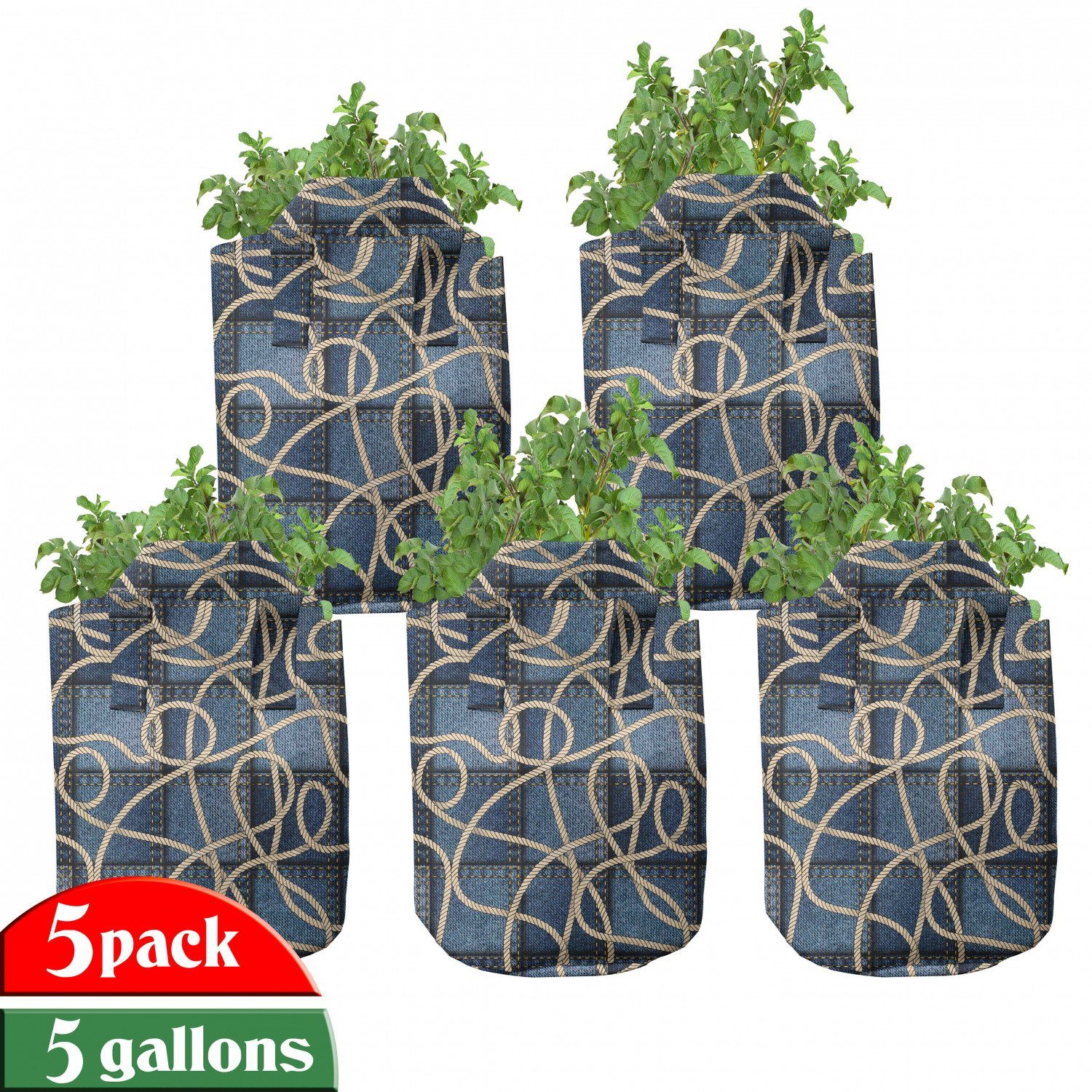 Abakuhaus Pflanzkübel hochleistungsfähig Stofftöpfe mit Griffen für Pflanzen, Blau Denim Patchwork Seil