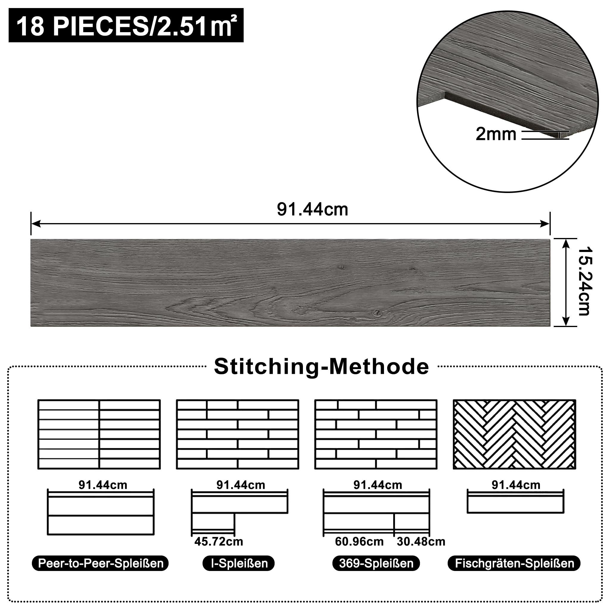 FIVMEN Vinylboden PVC Bodenbelag Selbstklebend, Holzmaserung Dielen, Bodenfliesen, 18/36 Stück, 2.51/5.2 m² Schneidbar Fliesen für Schlafzimmer, Küche – Bild 2 von 5
