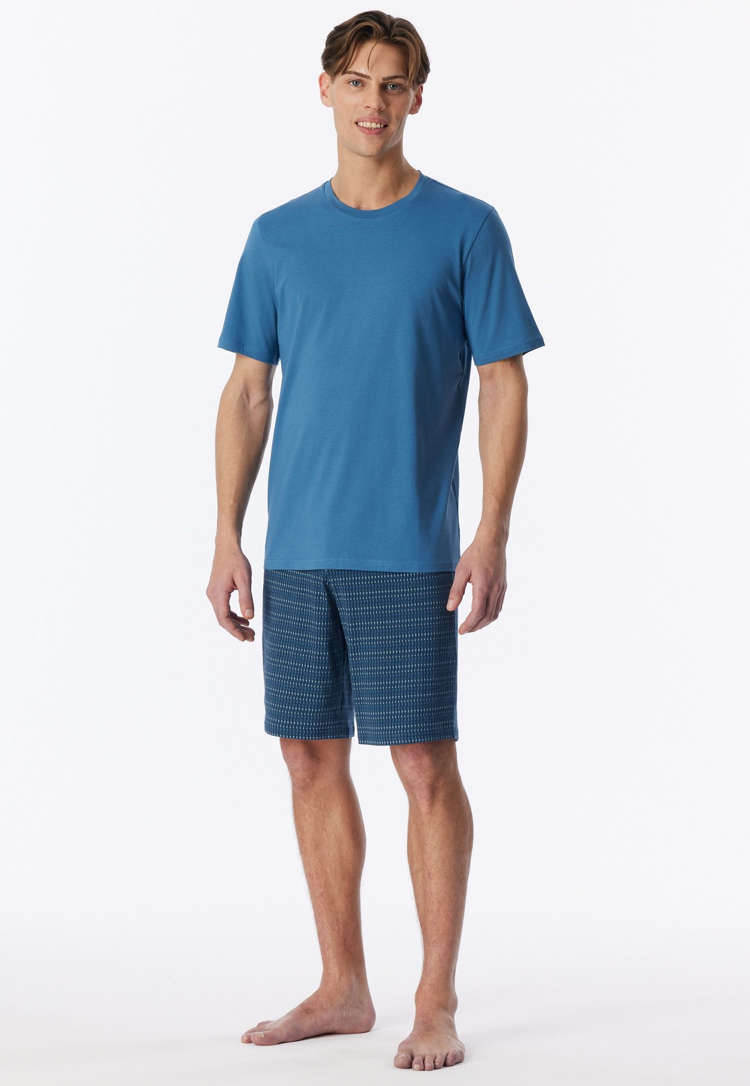 Schiesser Pyjama Casual Essentials (2 tlg., 0) mit unifarbenem Oberteil und gemusterter Hose