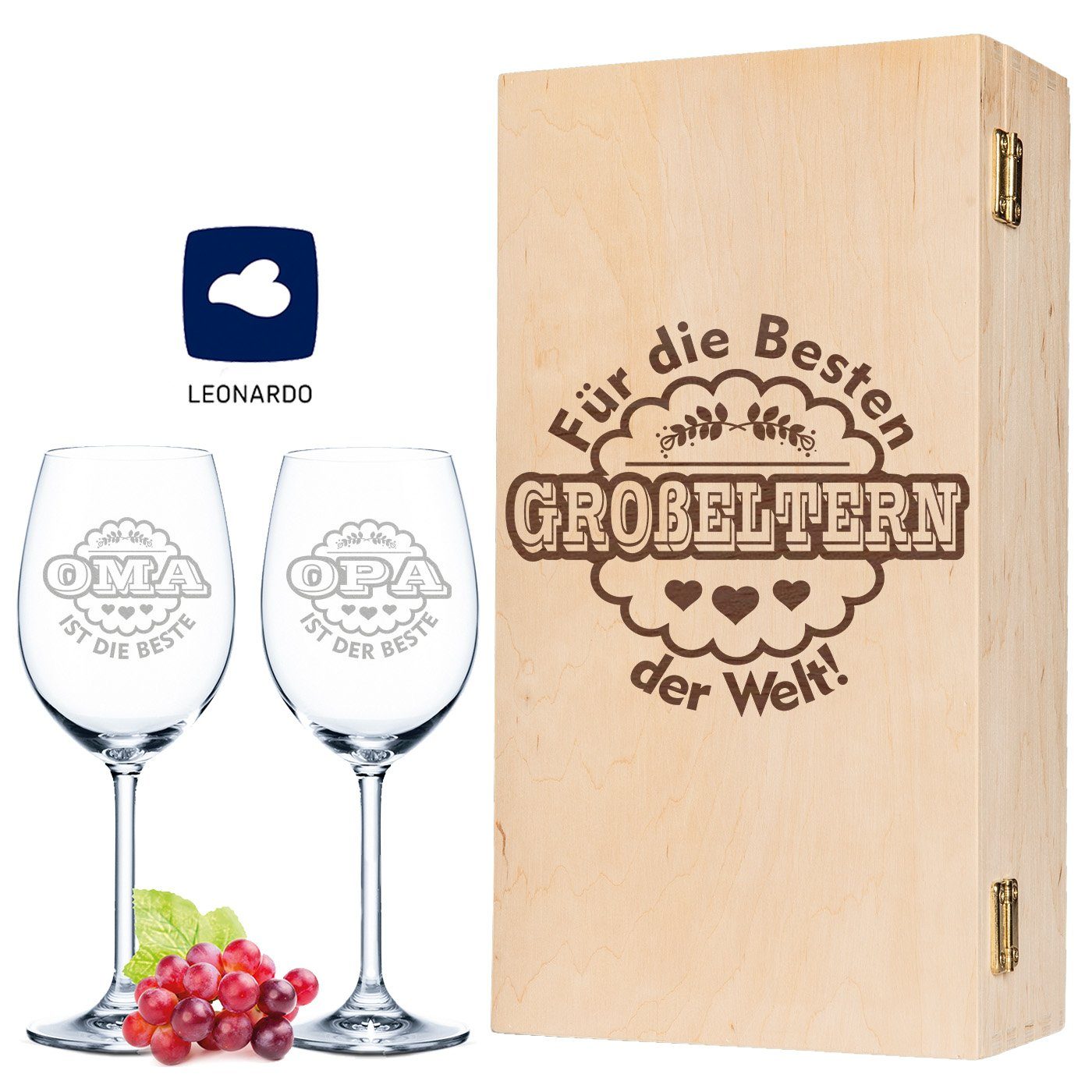 GRAVURZEILE Rotweinglas Leonardo Weingläser 2er Set - Oma ist die Beste & Opa ist der Beste, Glas, Geschenkset inkl. gravierter Holzkiste für Oma & Opa