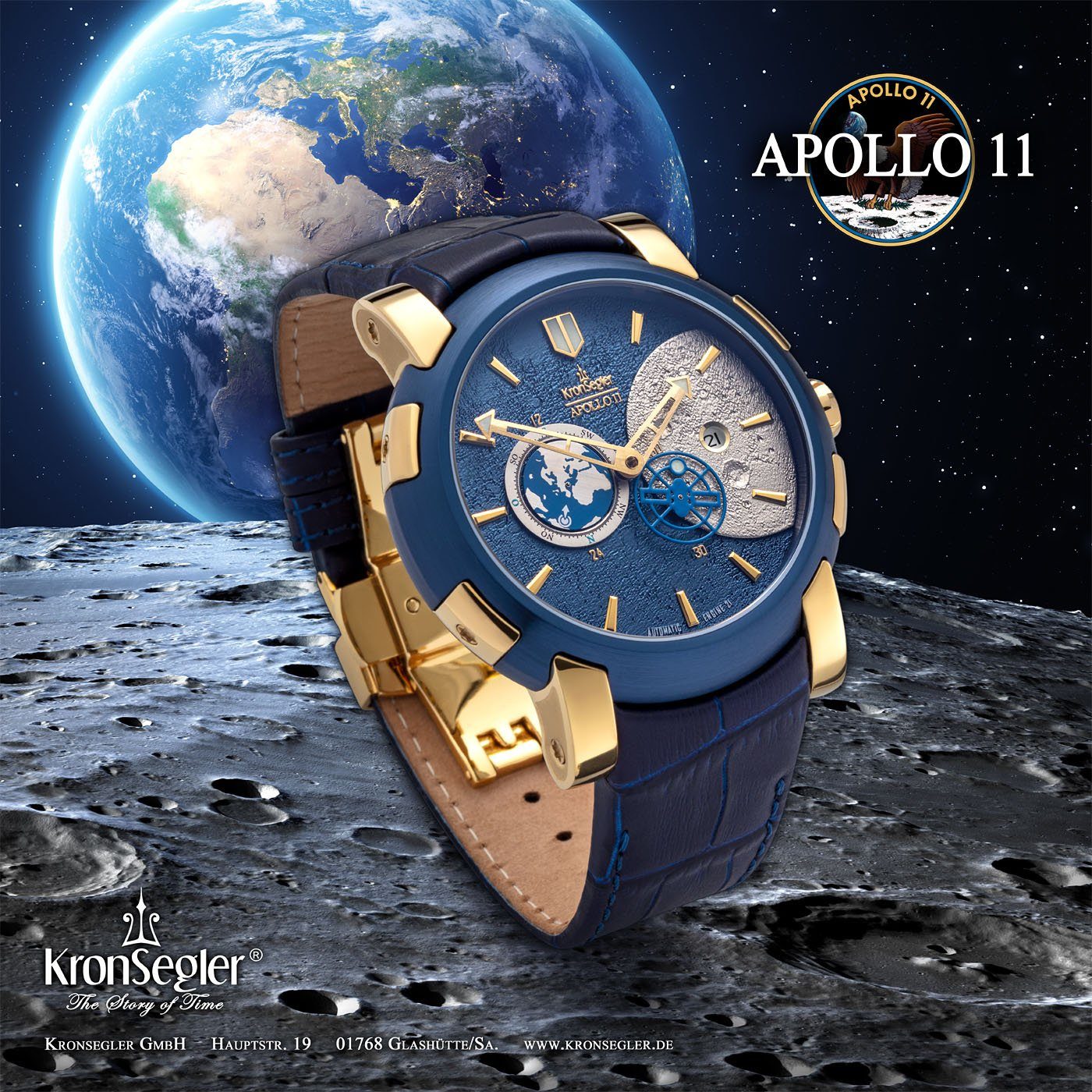 Kronsegler Automatikuhr Apollo 11 Gehäuse m. Herren Lederband Armbanduhr vergoldet