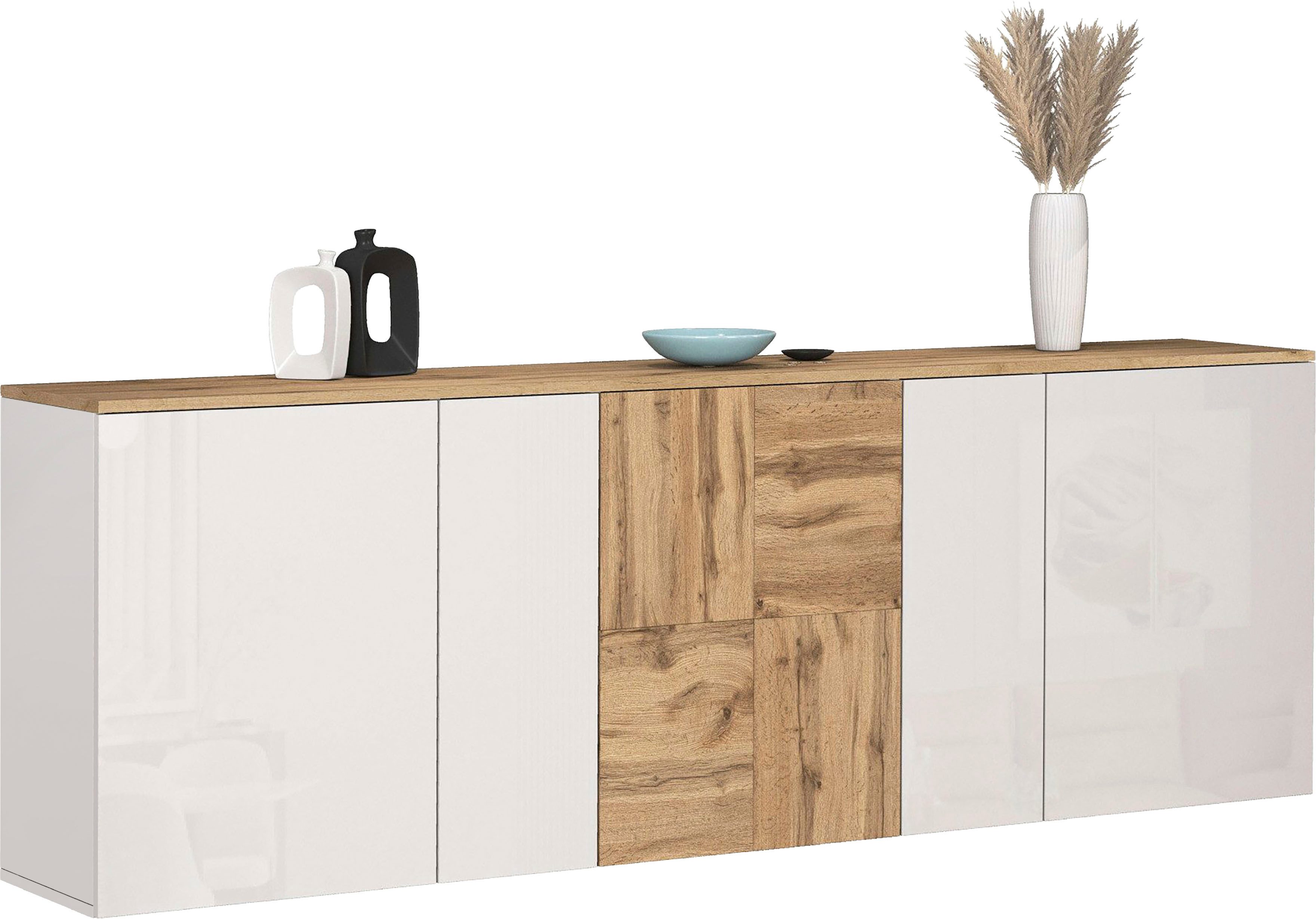 OTTO home Sideboard ISEO, Kommode, Schrank, Sideboard, Lowboard, 6 Fächer, Breite 200 cm (1 St), stehend/hängend, 5 Türen Hochglanz lackiert, Made in Italy