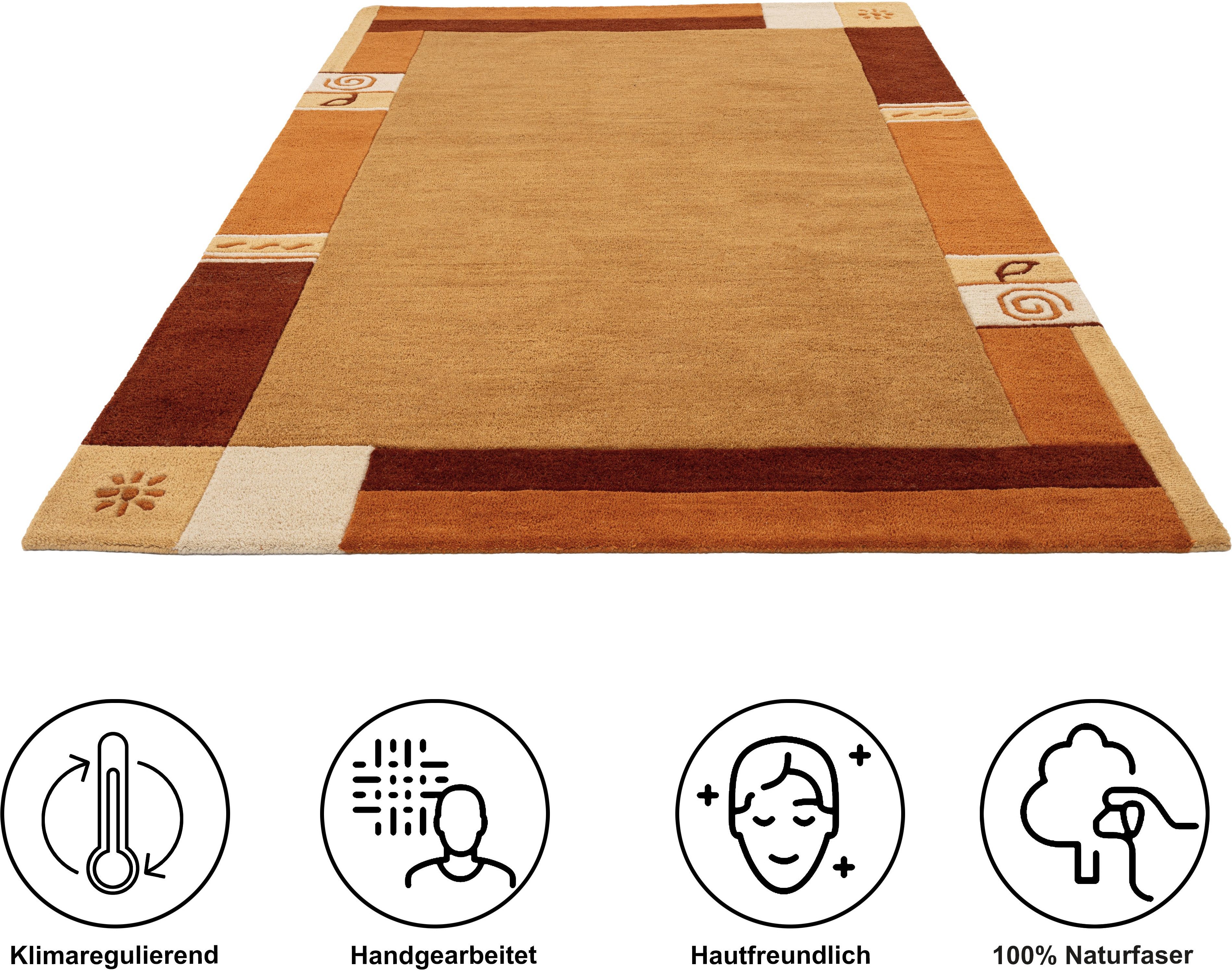 THEKO Wollteppich Tromso, Wolle, Handgefertigt, Bordüre mit Hoch-Tief-Effekt, rechteckig, Höhe: 15 mm, Wohnzimmer, Schlafzimmer, Esszimmer