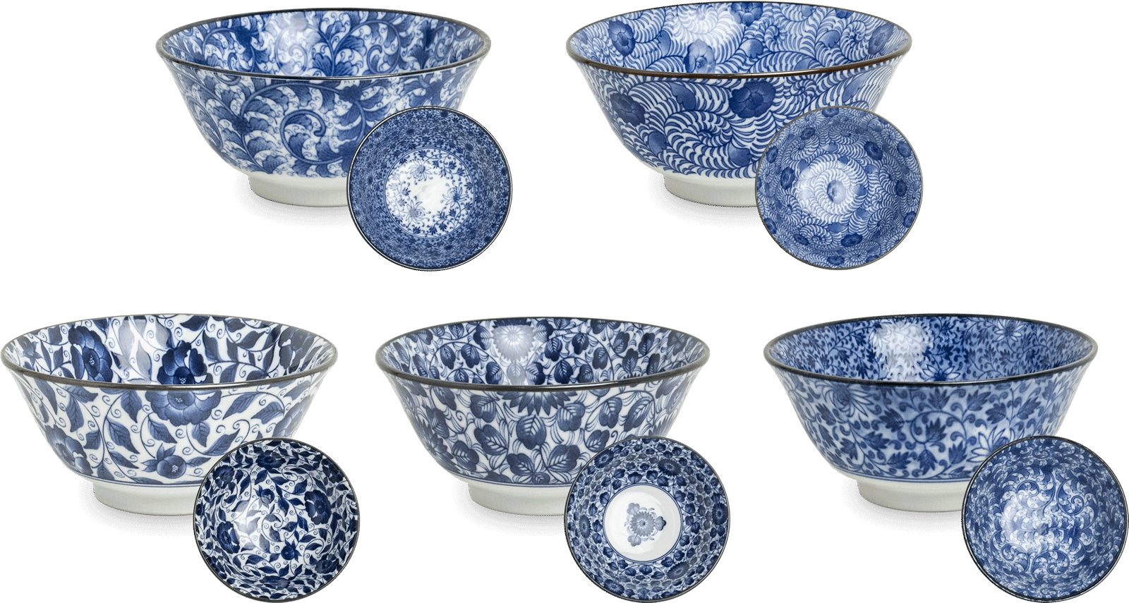 WestCraft Suppenschale Ramen Bowl Japan - Porzellan-Schalen 15 cm - 5er Mix-Set, Porzellan, (5-tlg), Hochwertig, asiatische Reis-, Nudel-, Tapas-, Udon-, Müsli-Schüssel