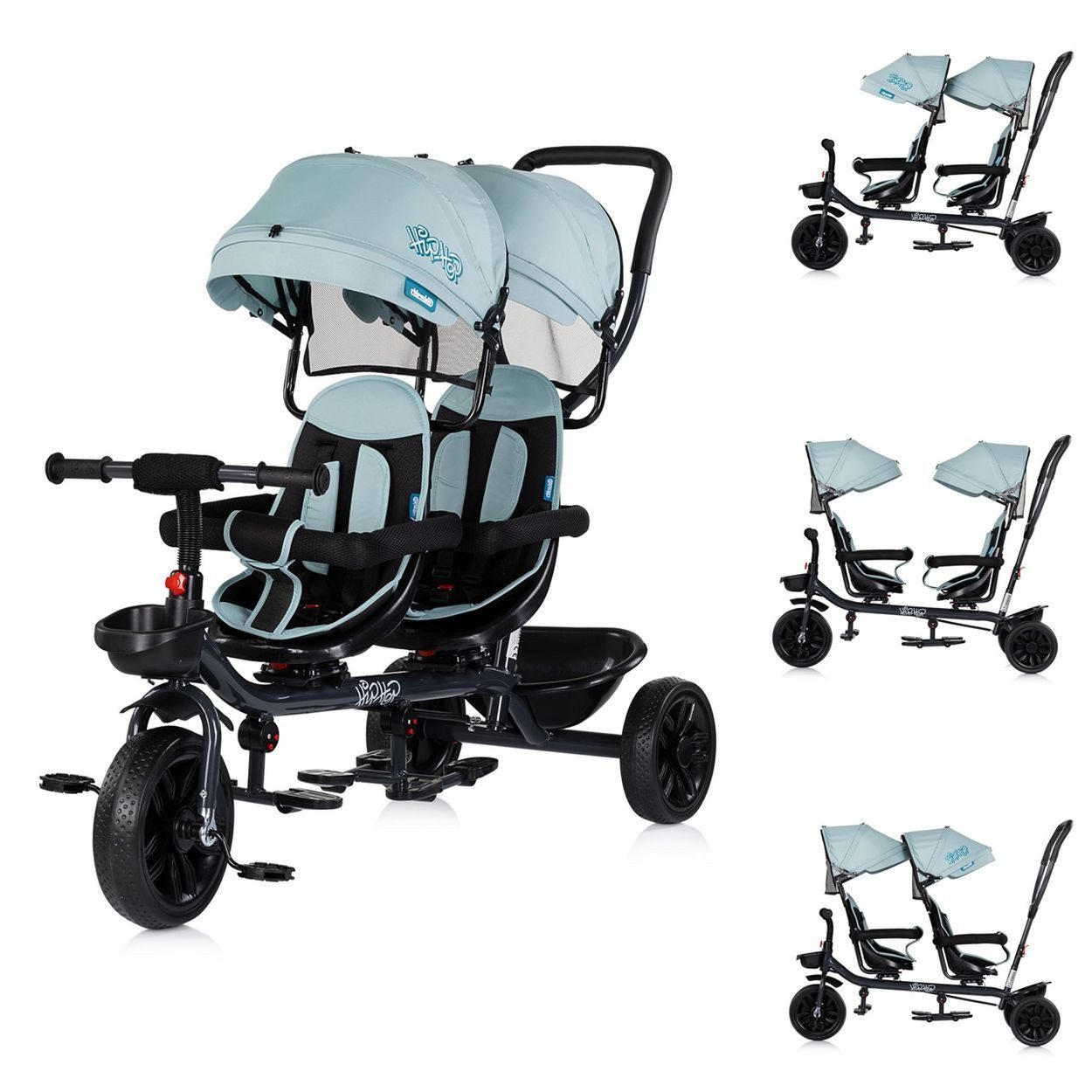 Babyshoppen Dreirad Hip Hop, Geschwister, zwei Kinder, 360° drehbare Sitze, Schiebegriff, Gurte