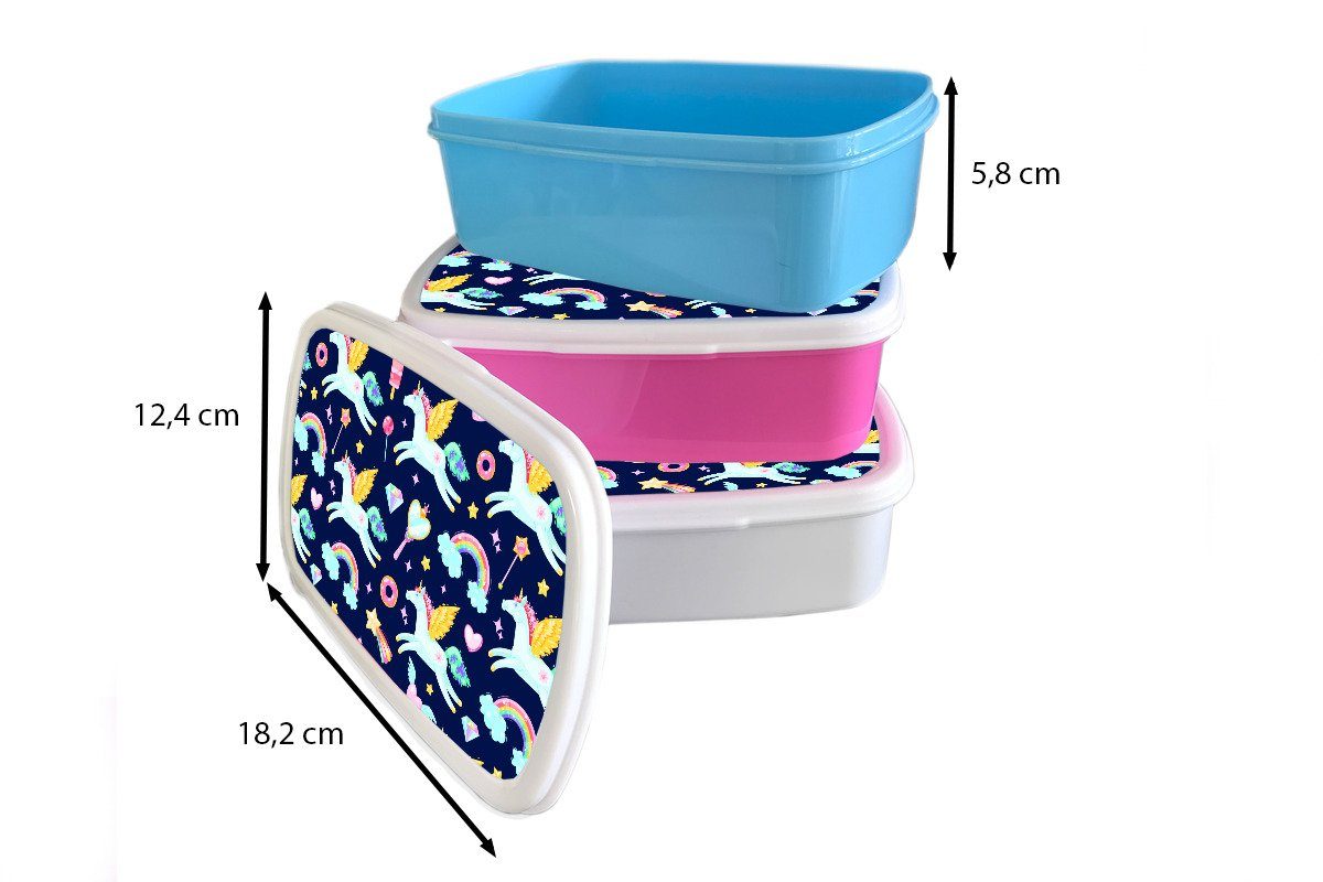 MuchoWow Lunchbox Einhorn für Regenbogen Erwachsene, Muster, Diamant und weiß - und Kinder (2-tlg), Mädchen Kunststoff, Brotdose, - Brotbox Jungs für 