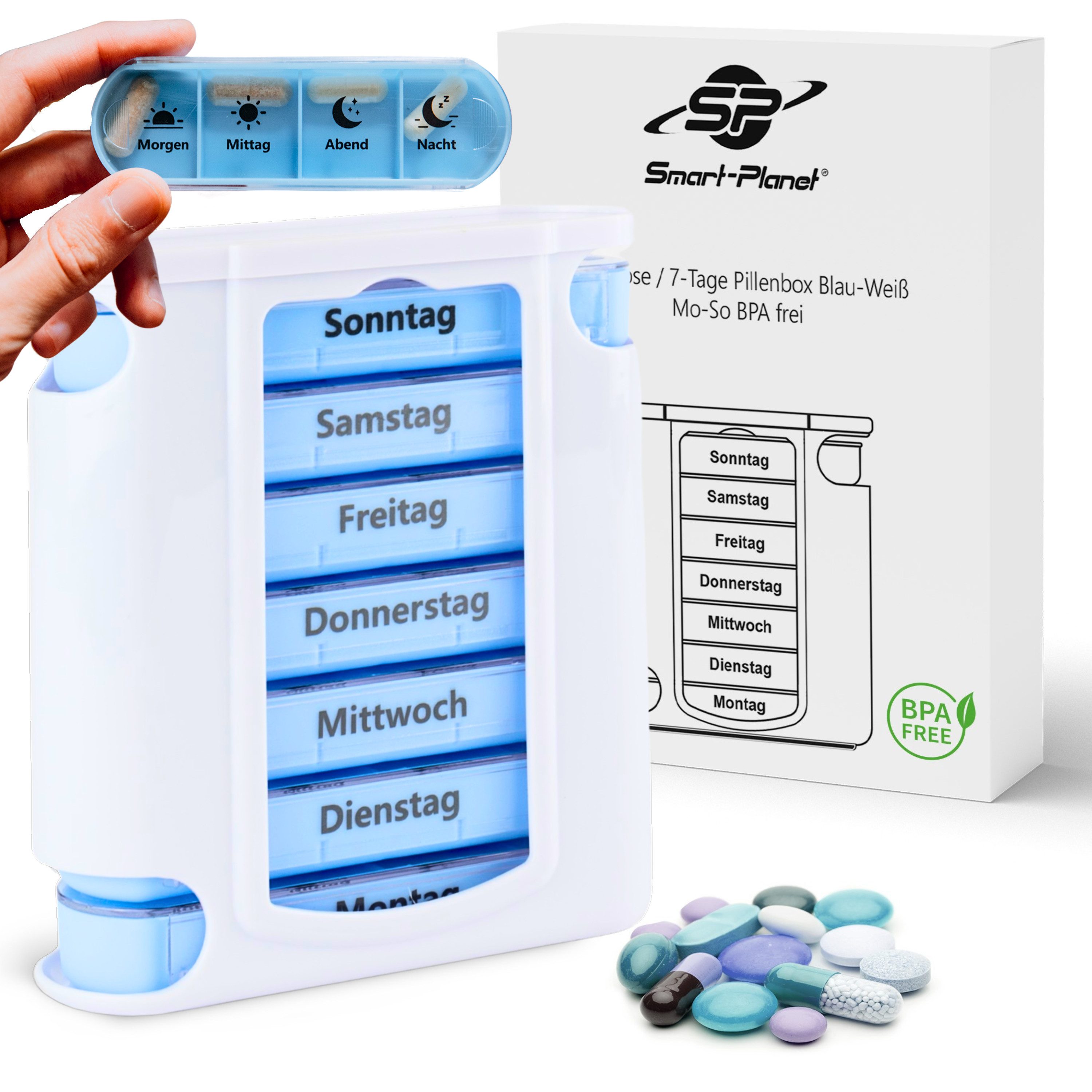 Smart-Planet Pillendose Tablettenbox - 7 Tage 4 Fächer - morgens mittags abends nachts