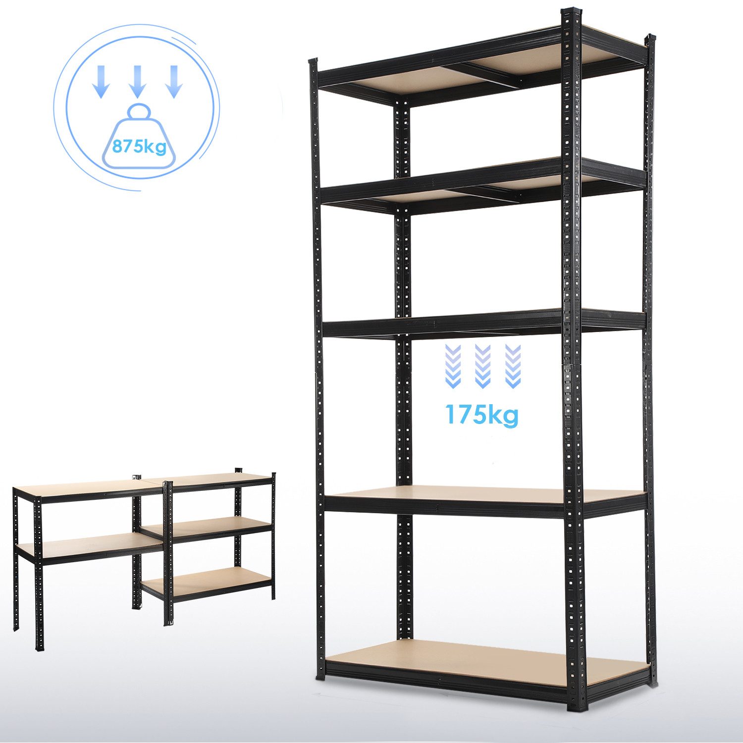 oyajia Schwerlastregal Metall Schwerlastregal Standregal,5 Einlegeböden Lagerregal 150/180 cm, Steckregal Regalsystem 5 Böden, je 175 kg Traglast, Abstände wählbar