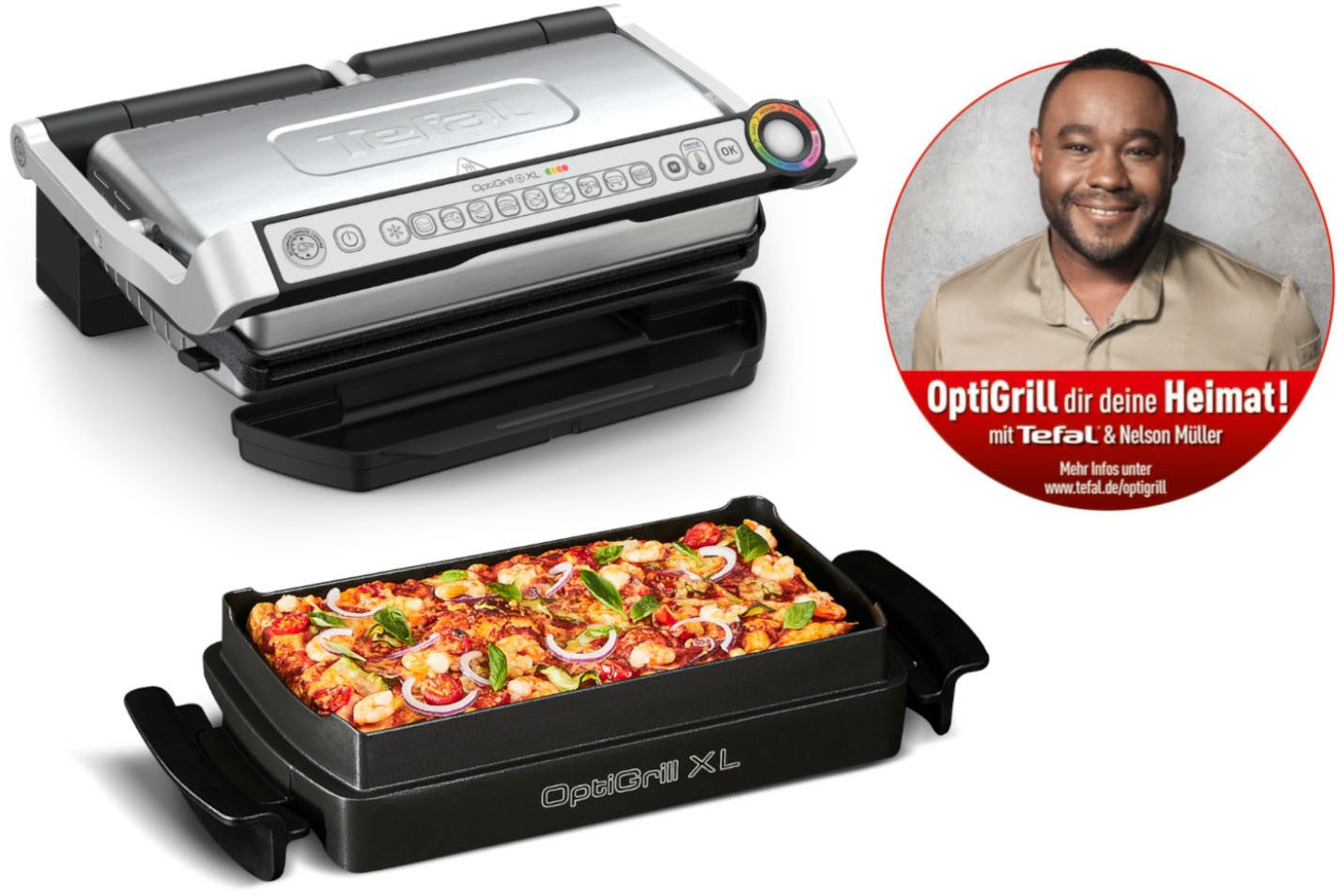 Tefal Kontaktgrill OptiGrill+ XL inkl. Backschale, manueller Modus mit 4 Temperaturen, 2000 W, 9 automatische Kochprogramme, spülmaschinengeeignete Platten, GC724D