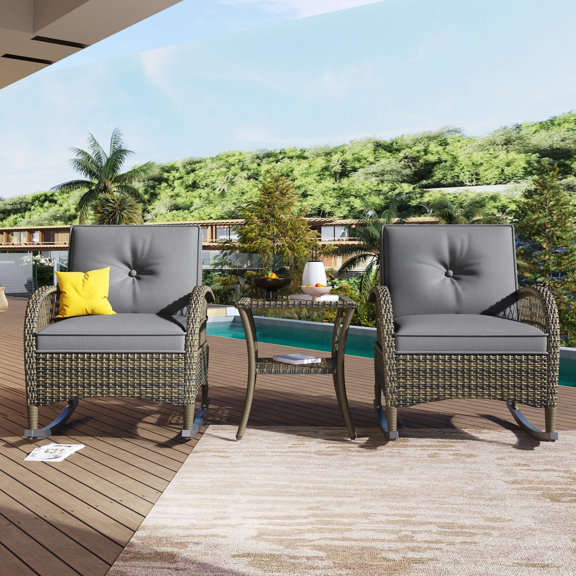 Ulife Balkonset Rattan Balkonmöbel Set für 2 Personen, Akazienplatte mit grauen Kissen, (3-tlg), Zwei Schaukelstühle mit sanfter Wippfunktion