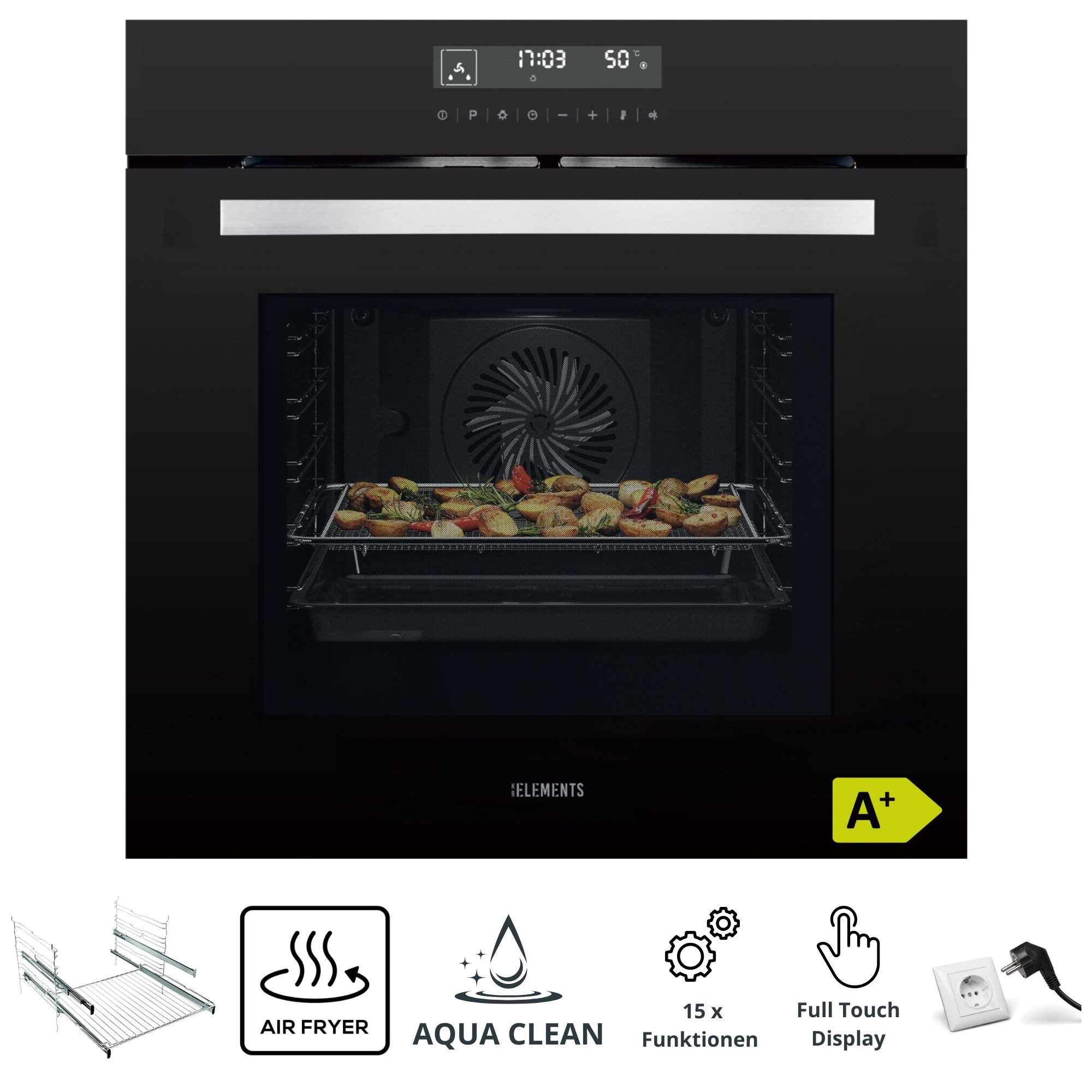 KB Elements Einbaubackofen 15 x Funktionen, Airfryer Funktion, Full Touch Display, AQUA CLEAN, Air Fry, AQUA CLEAN,Full Touch,EEK A+