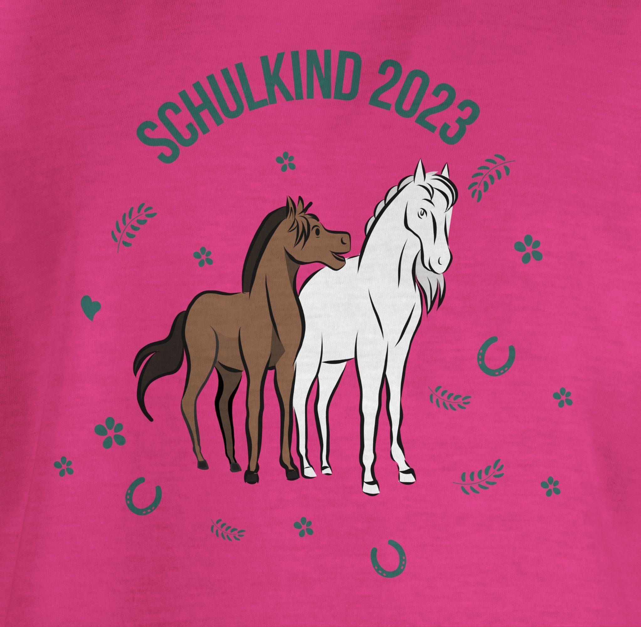 Mädchen 2023 Einschulung Fuchsia Schulkind 1 T-Shirt Pferde Shirtracer